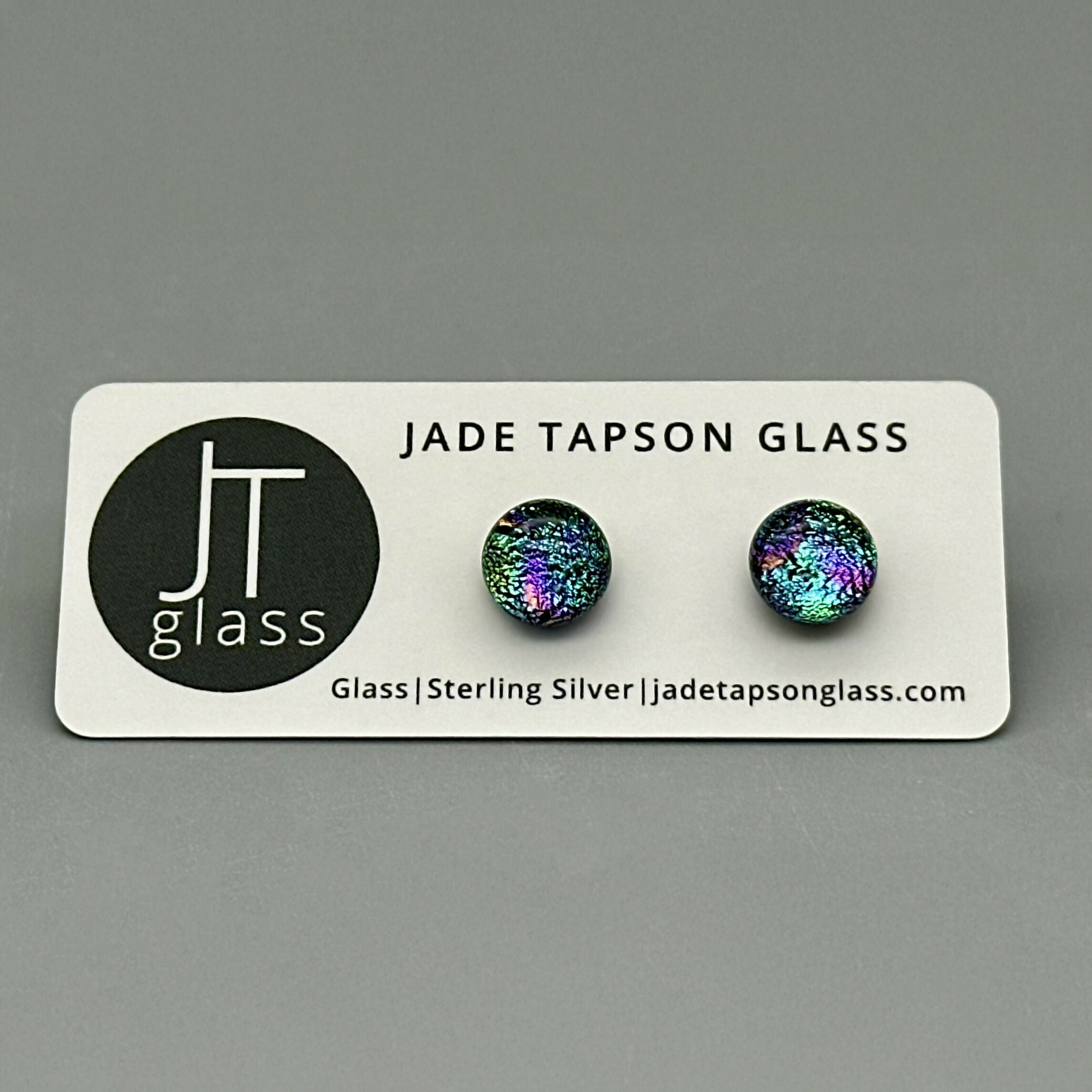 Rainbow Dichroic Fused Glass Sterling Silver Stud Earrings - Handmade by Jade Tapson Glass.