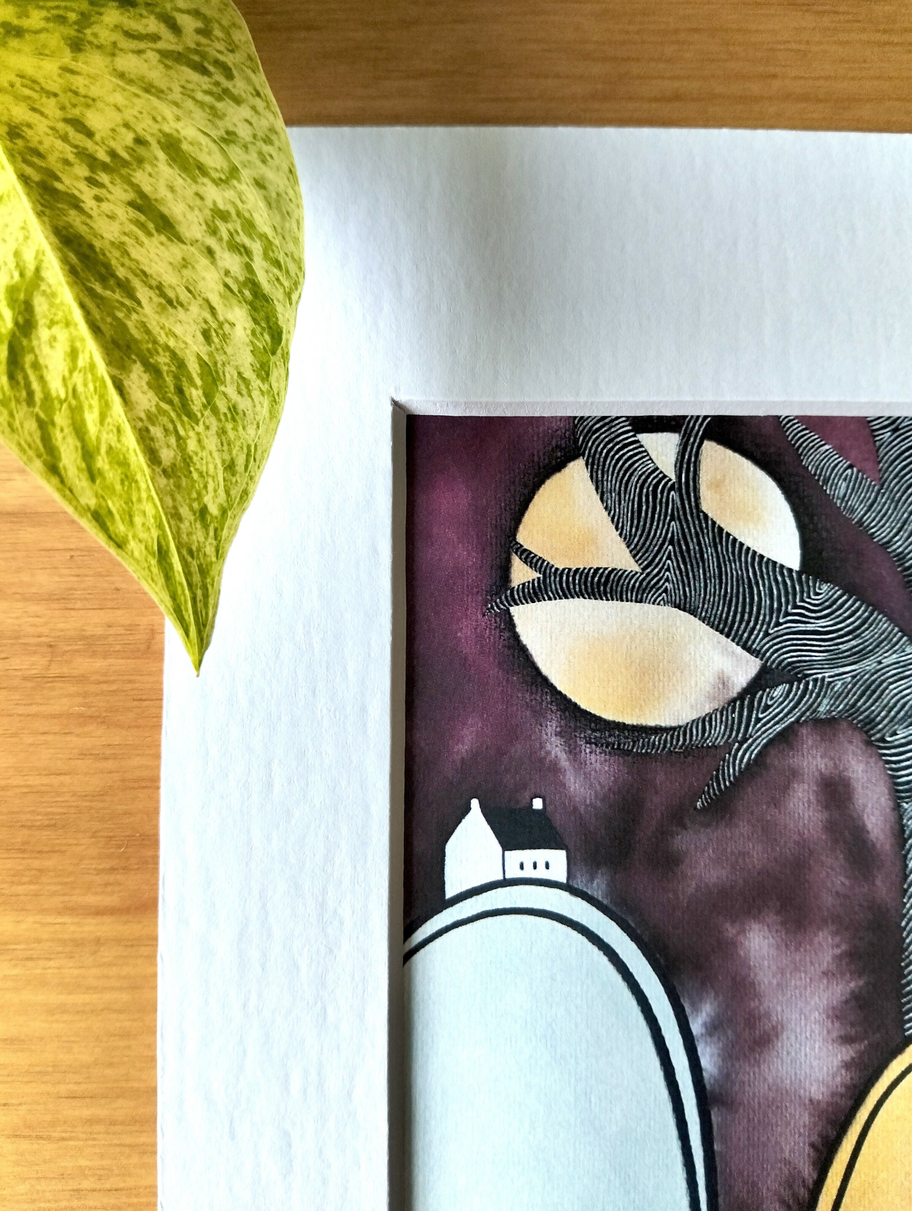 Signed Abstract Landscape Art Print | Tiny House, Full Moon