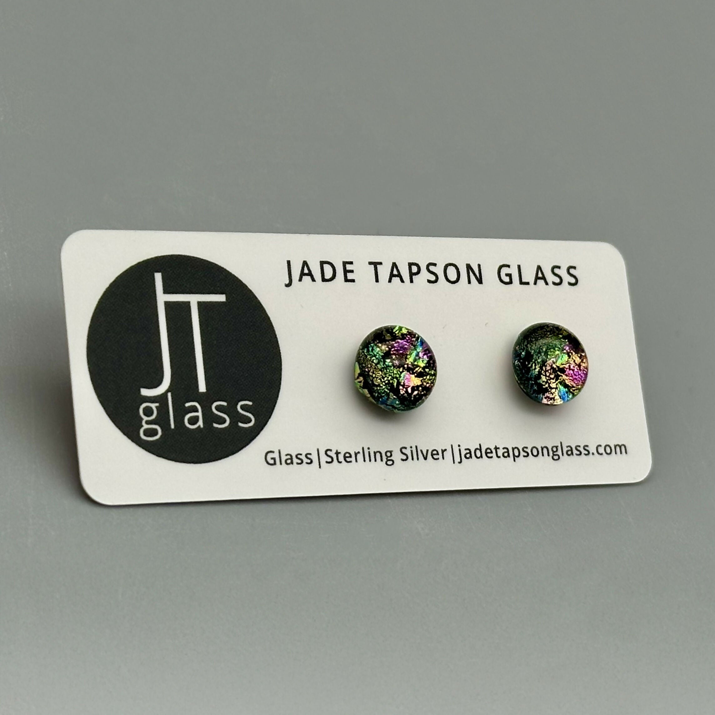 Pink Raindrop Dichroic Fused Glass Sterling Silver Stud Earrings - Handmade by Jade Tapson Glass.