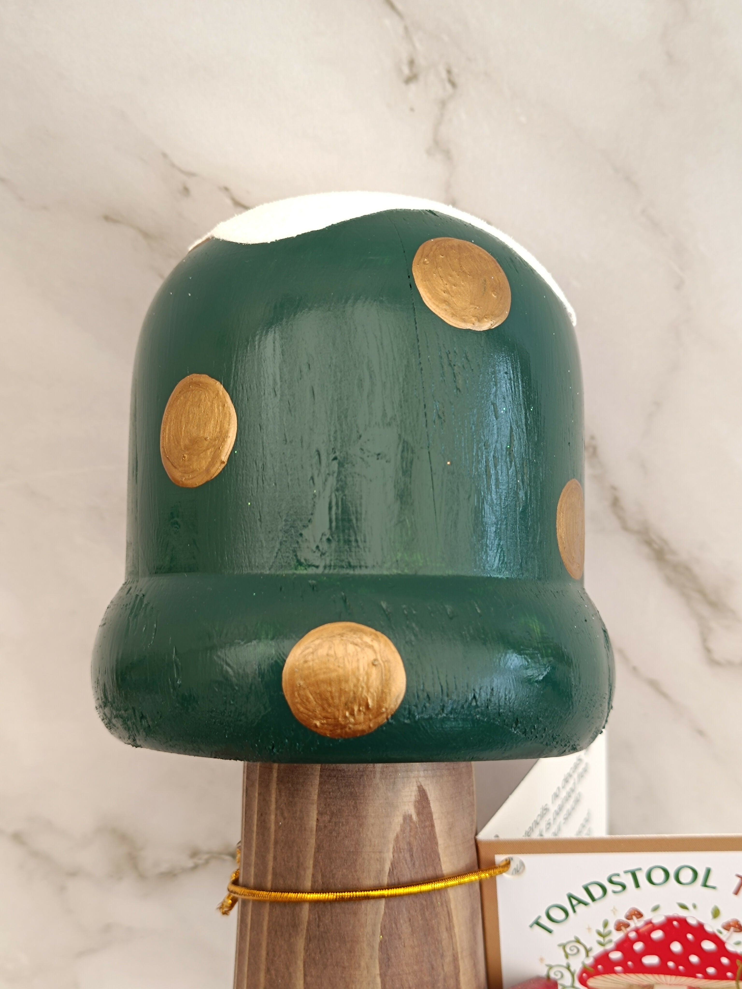 30cm Green Handmade, Free Standing Painted Wooden Bell Shaped Topped Toadstool Elf House - Whimsical Woodland Ornament & Holiday Keepsake