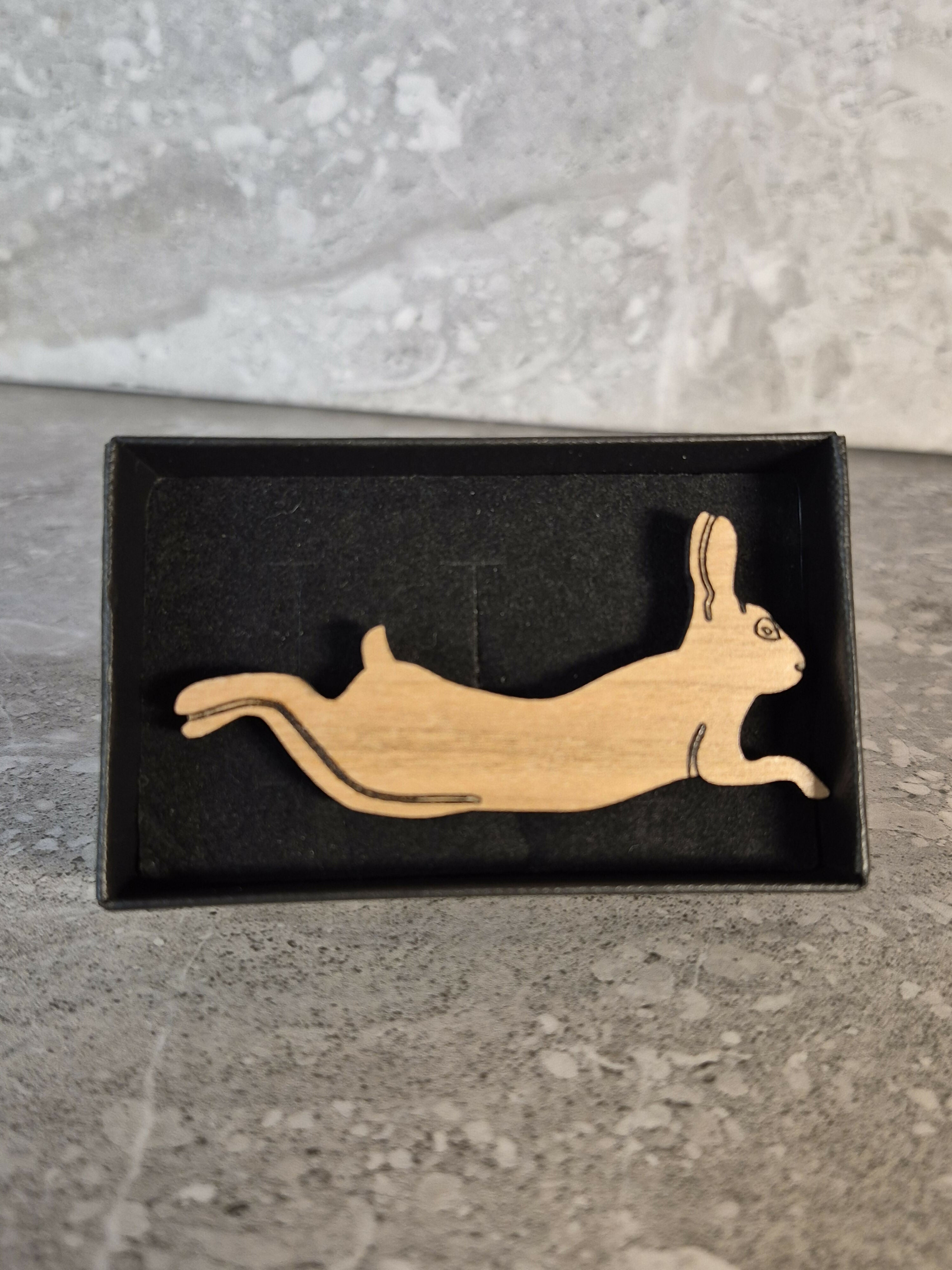 Handcrafted Cherry Veneered Leaping Hare Pin