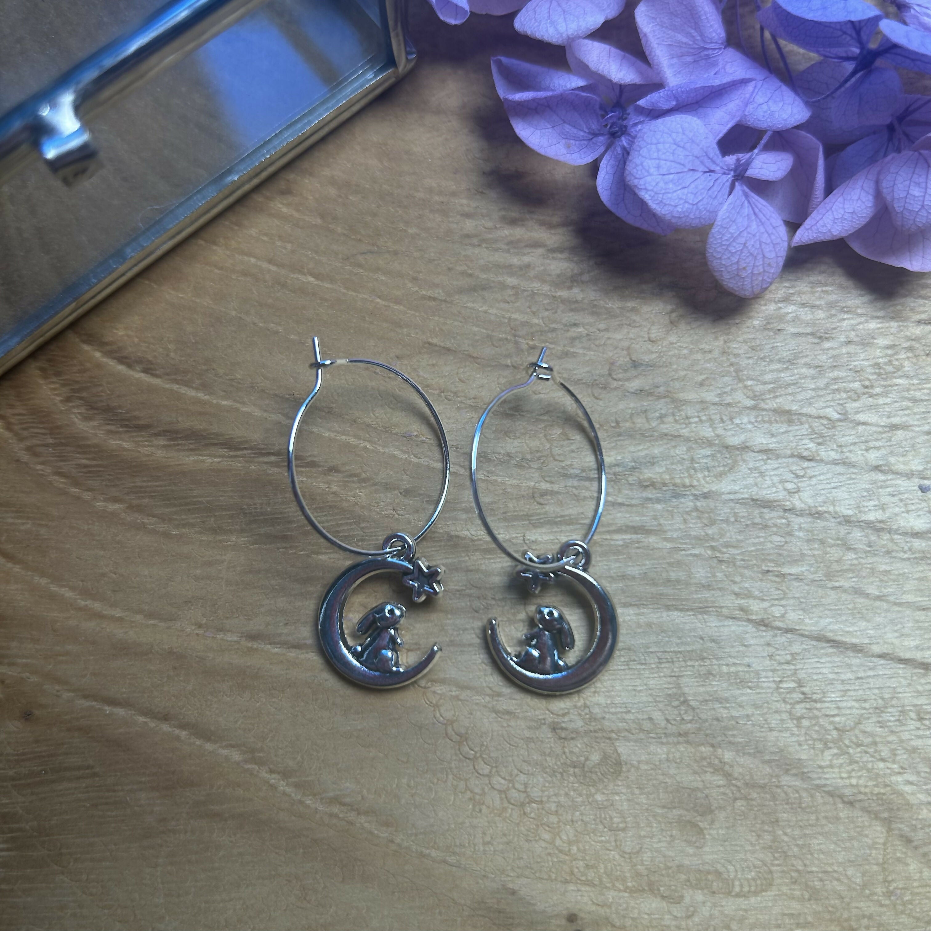 Lovely Hare & Moon Charm Hoops