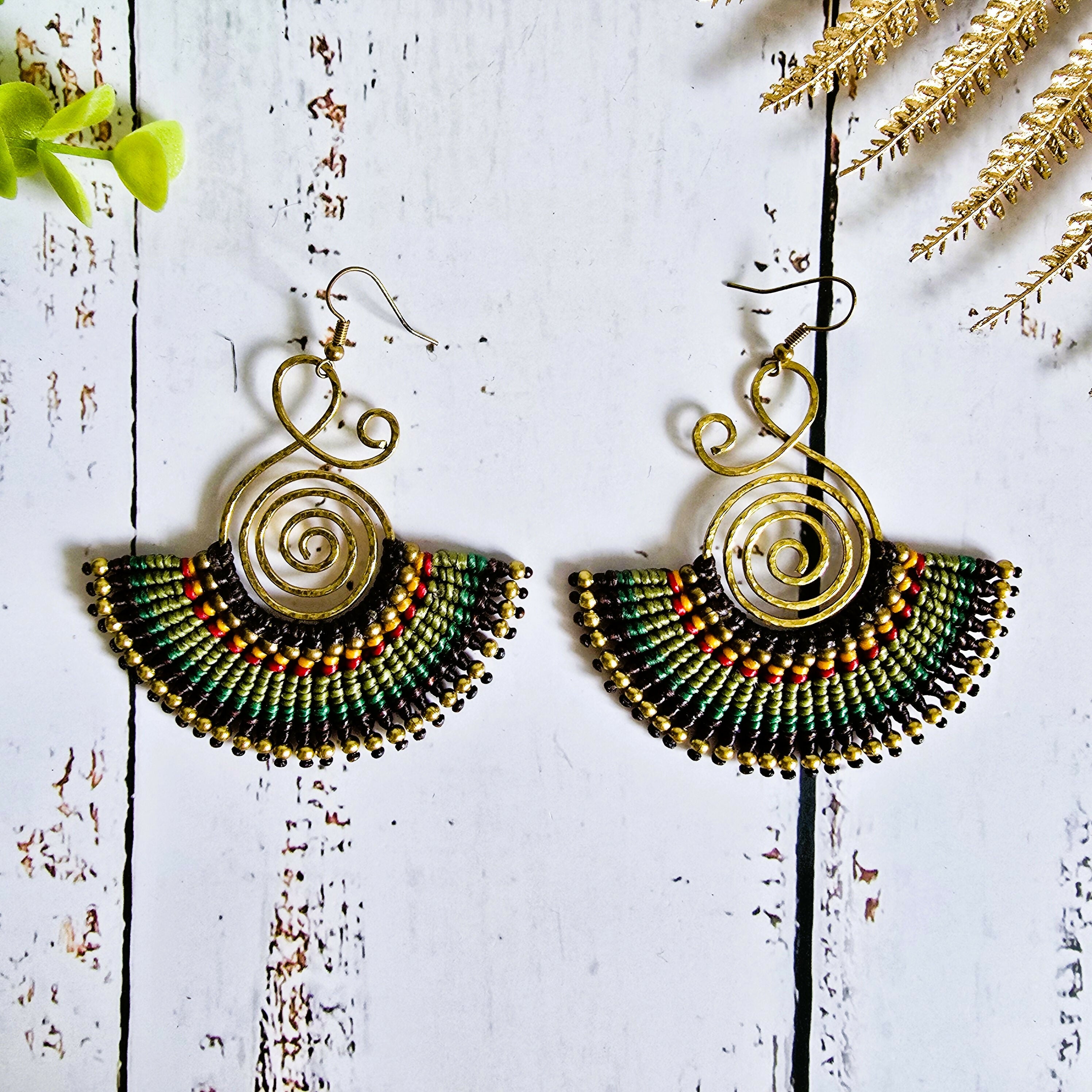 Emerald Green Fan Earrings; Bold Bohemian Macramé & Gold Wire-Art Statement Earrings