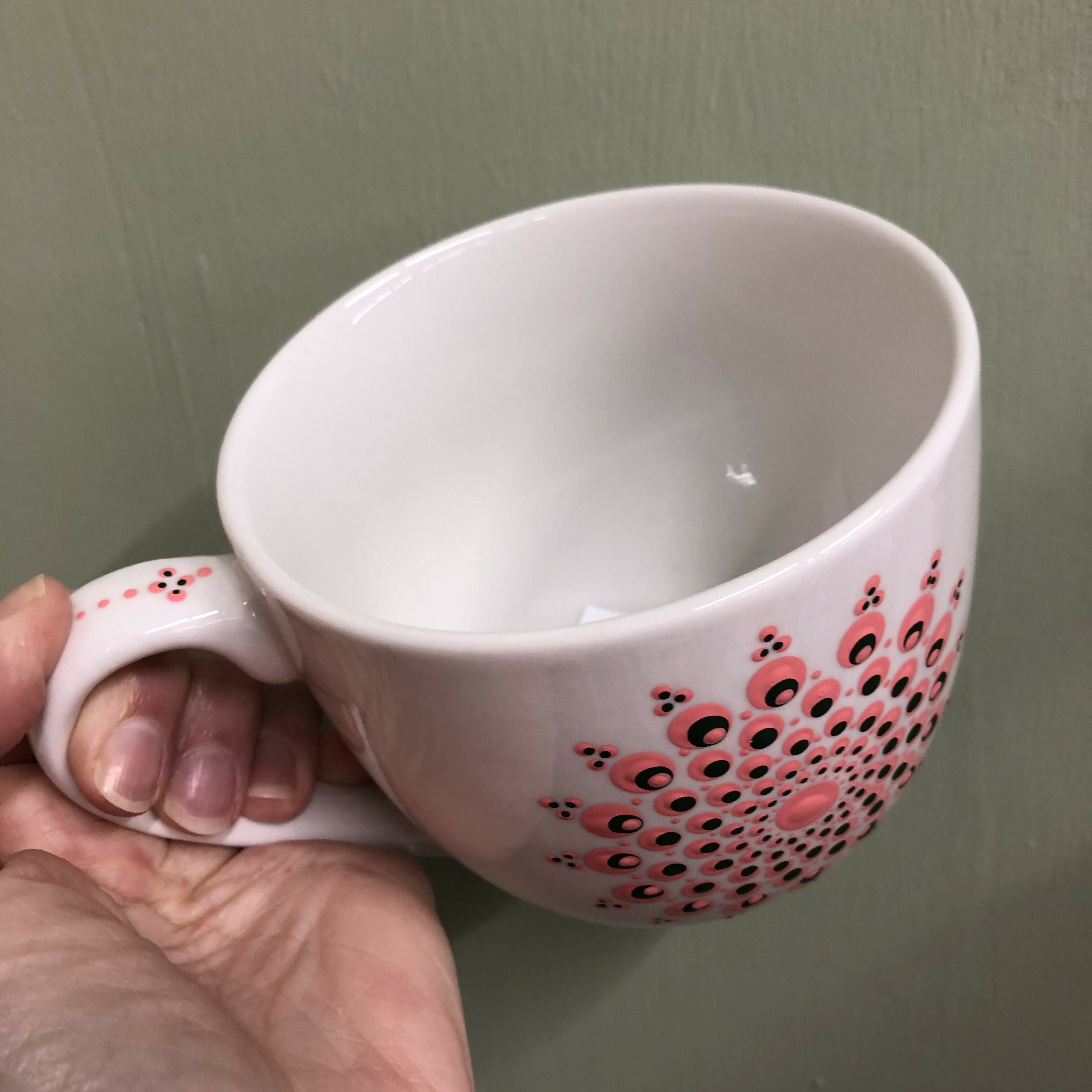 Hand Painted Dot Mandala Large Mug: Tropic and Dark Green