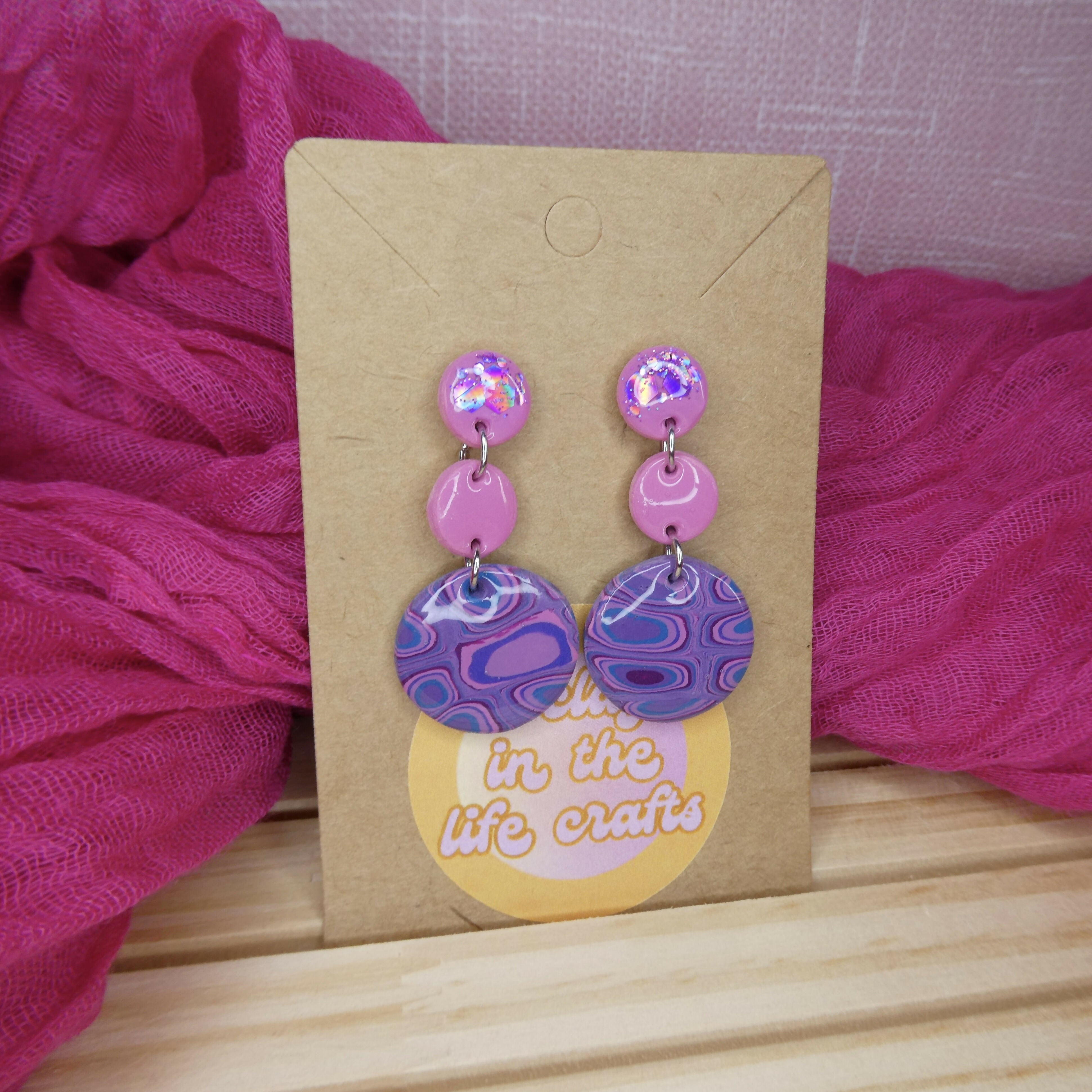 Pink And Purple Geometric Circle Dangle Polymer Clay Earrings