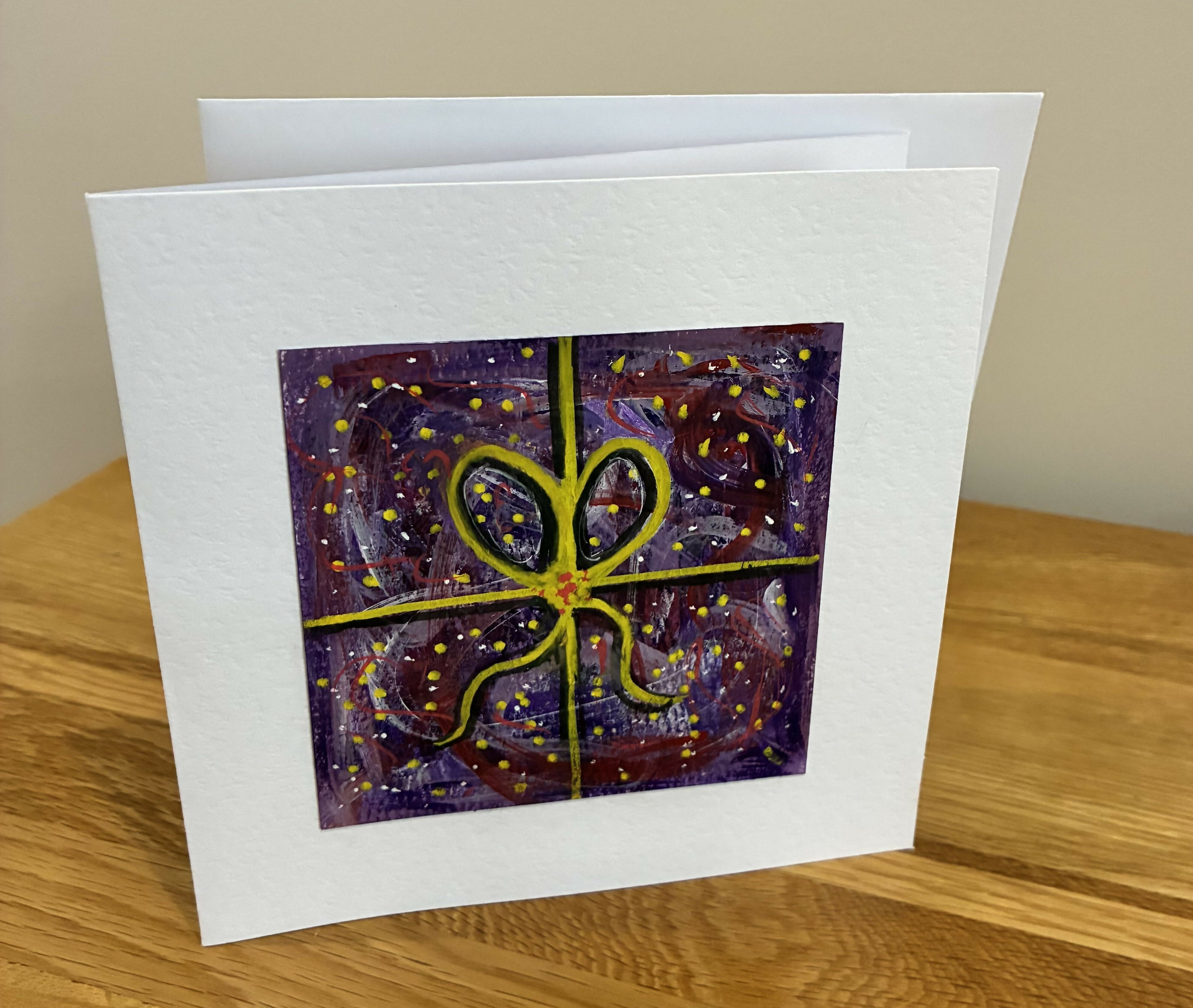 Greetings Card Hand Painted Ribbon Tied Present - Purple And Red