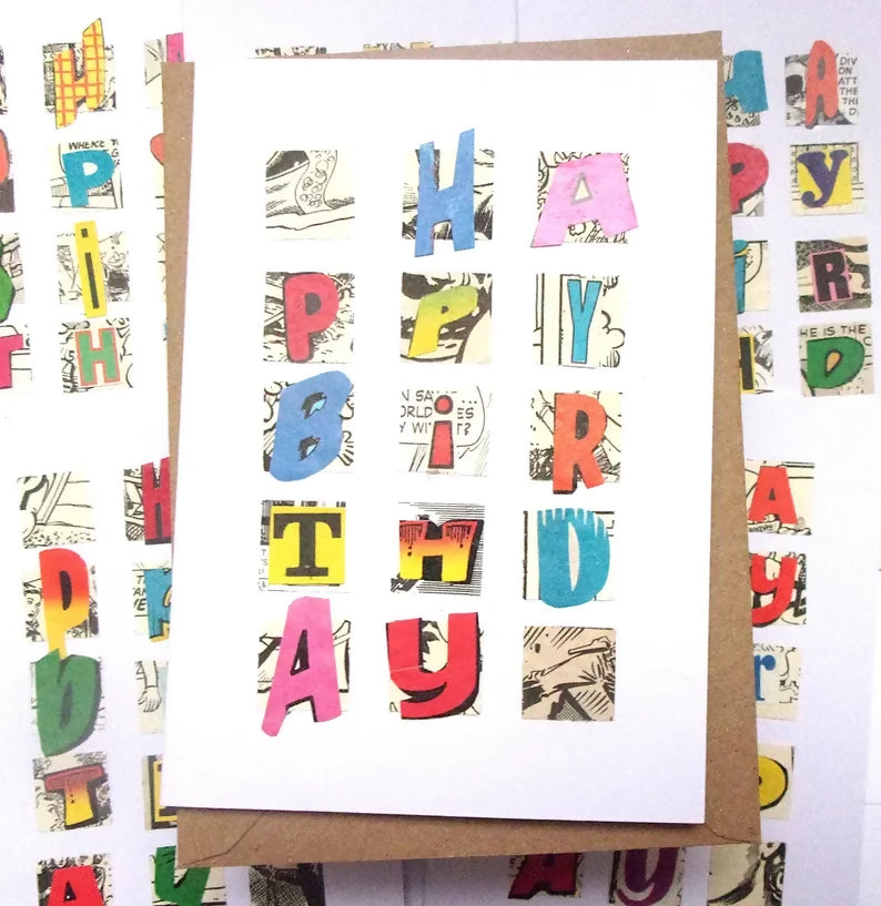 Comic Book Birthday Squares Upcycled Birthday Card