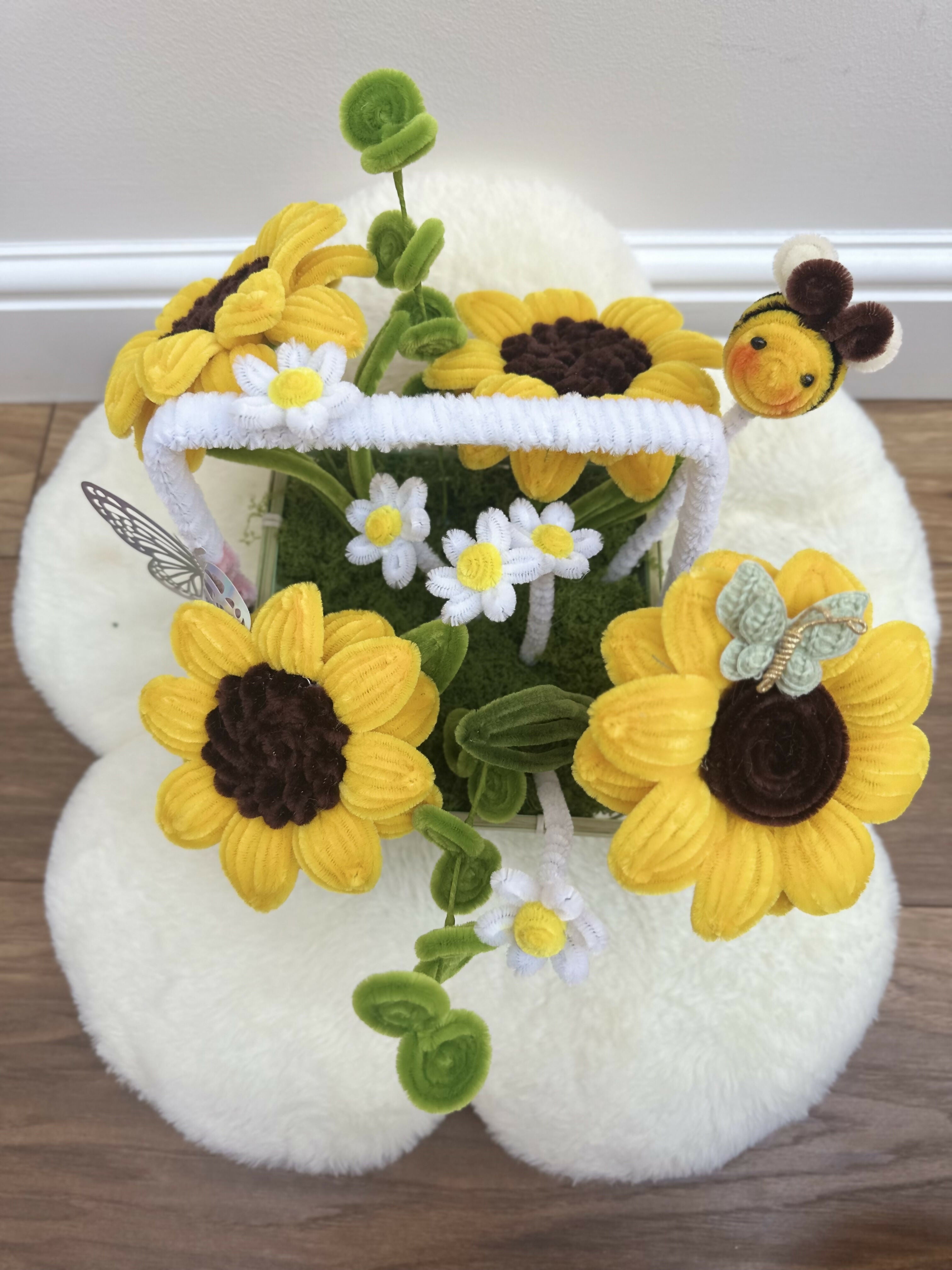 Handmade Chenille Sunflower Basket with Bee