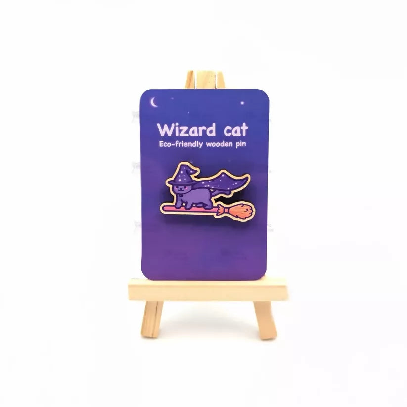 Wooden Pin Badge - Wizard Cat