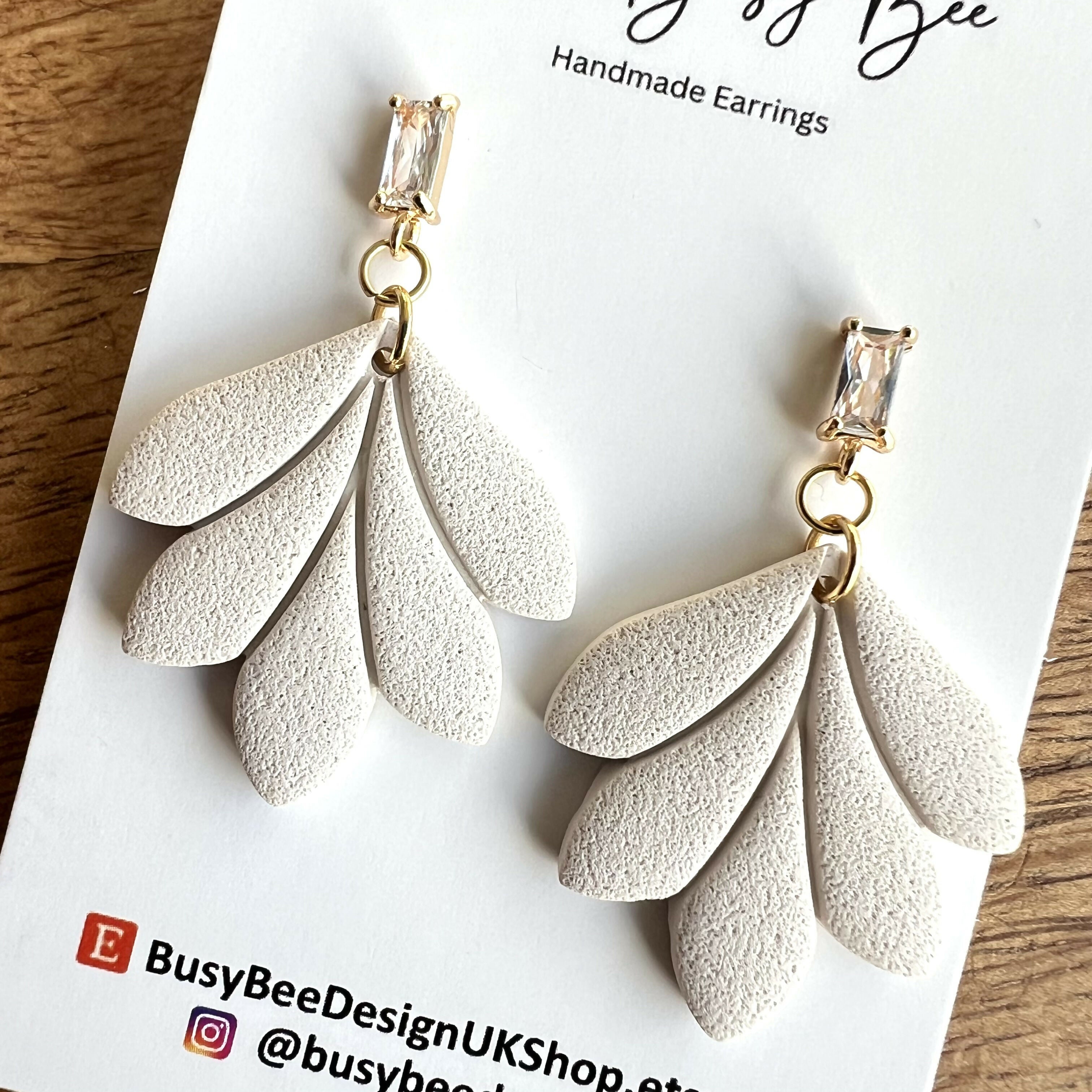 Minimal Leaf Earrings with Clear Glass Cubic Zirconia Studs/ Art Deco Polymer Clay Earrings / Handmade Clay Jewellery
