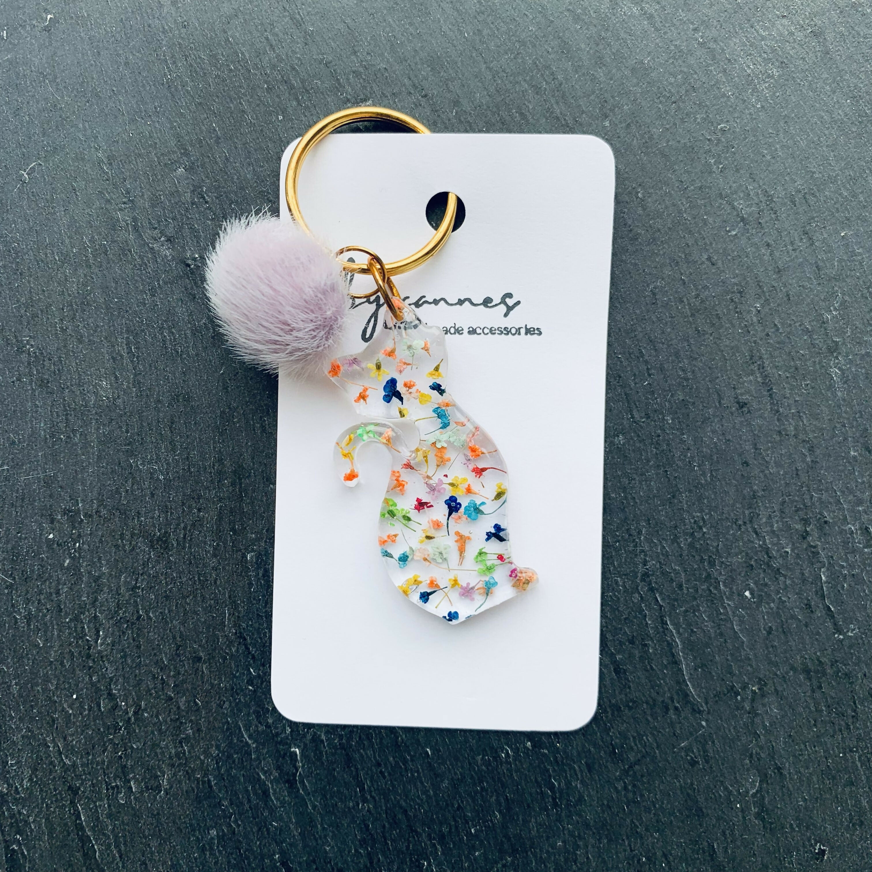 Handcrafted Real Pressed Floral Resin Cat Keyring with Fluffy Pom-Pom Accent