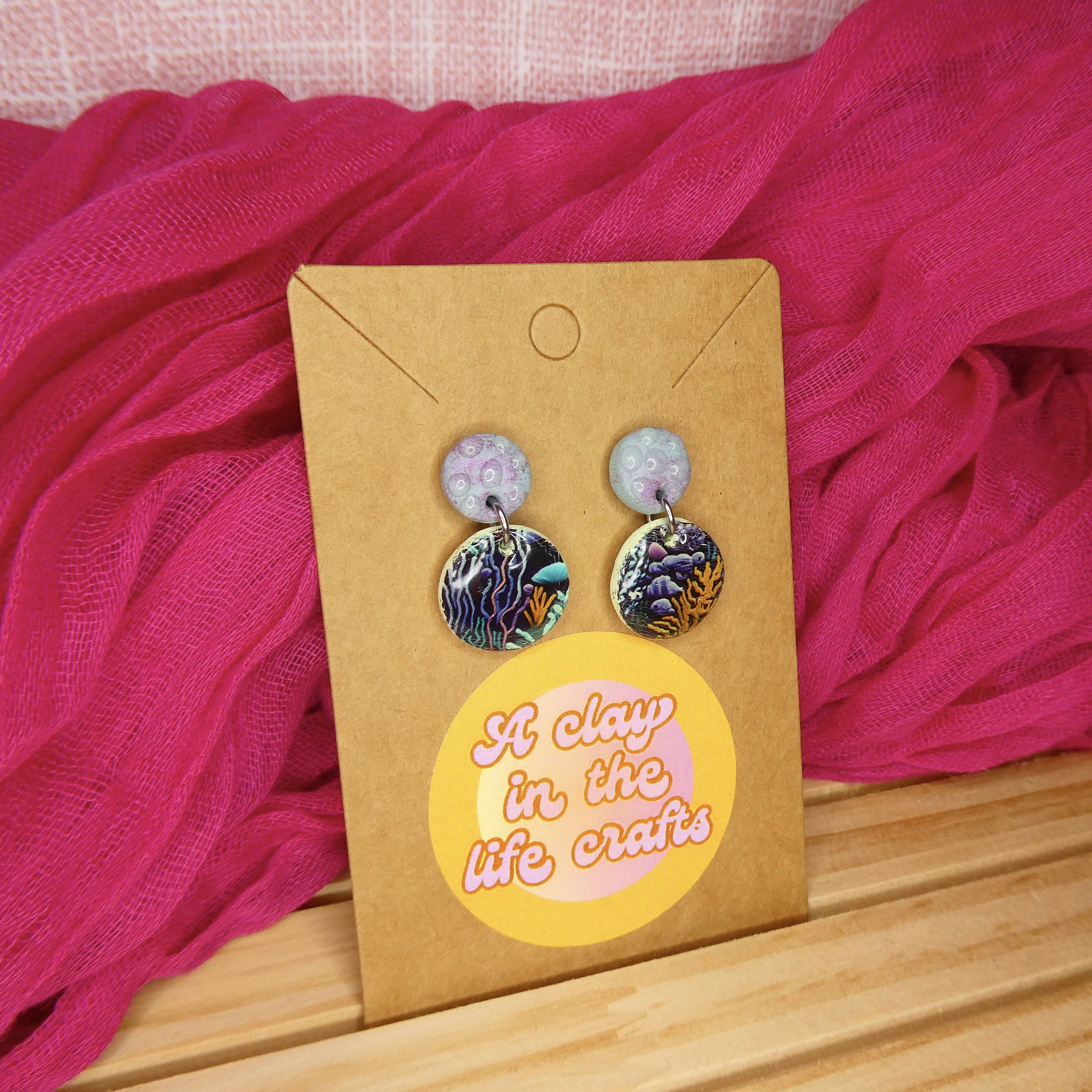 Tiny Seascape Circle Polymer Clay Earrings