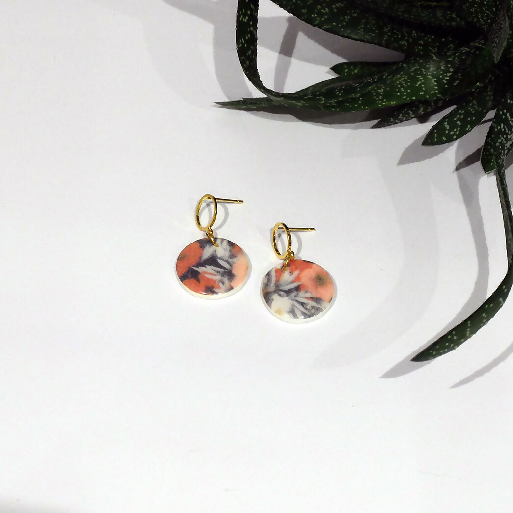 Orange and White Floral Dangle Earrings - Handmade Polymer Clay - Polly Plant