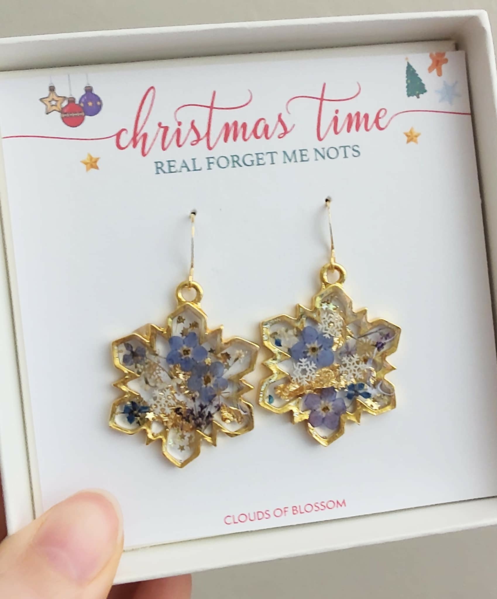 Snowflake Christmas Real Flower Earrings Gold Plated