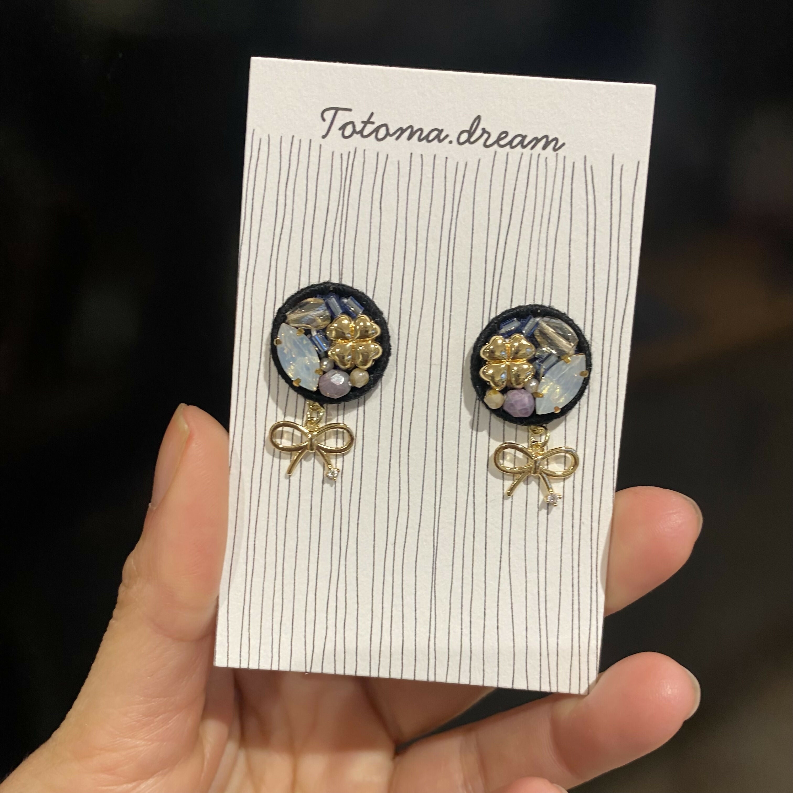 Crystal Embroidery Earrings with Ribbon Charm