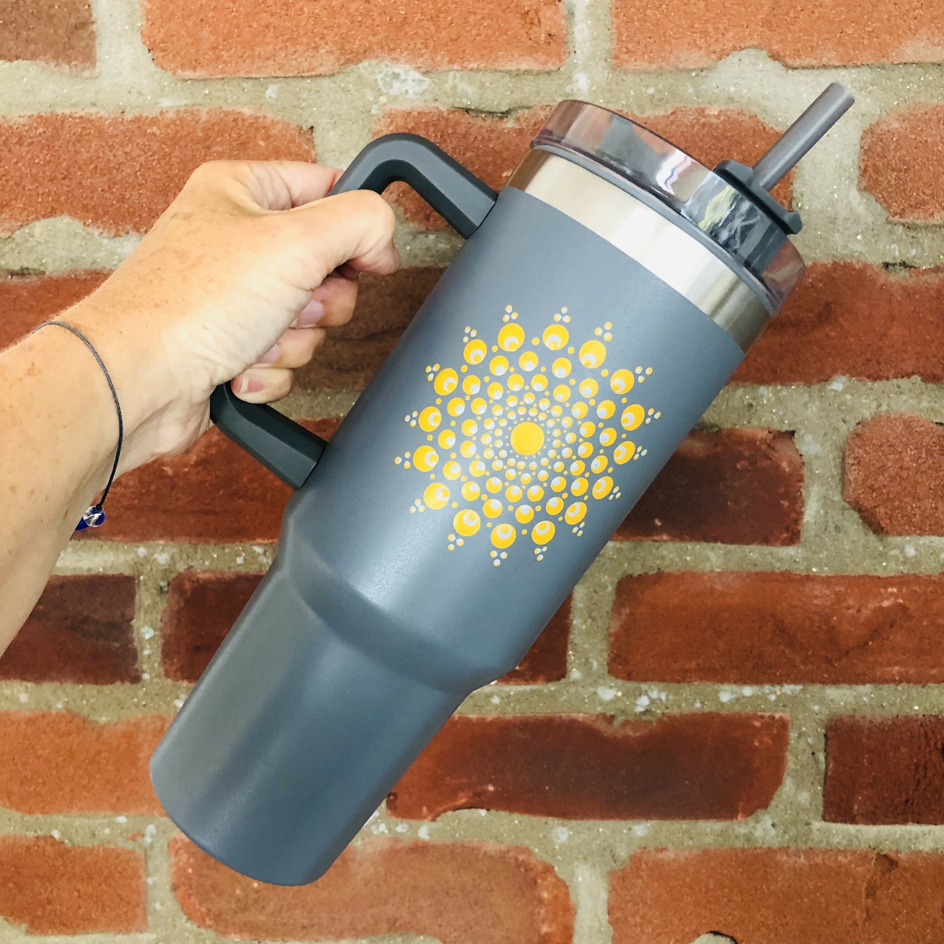 Hand painted Dot Mandala Stanley-style Cup with Straw: Grey with True Ochre