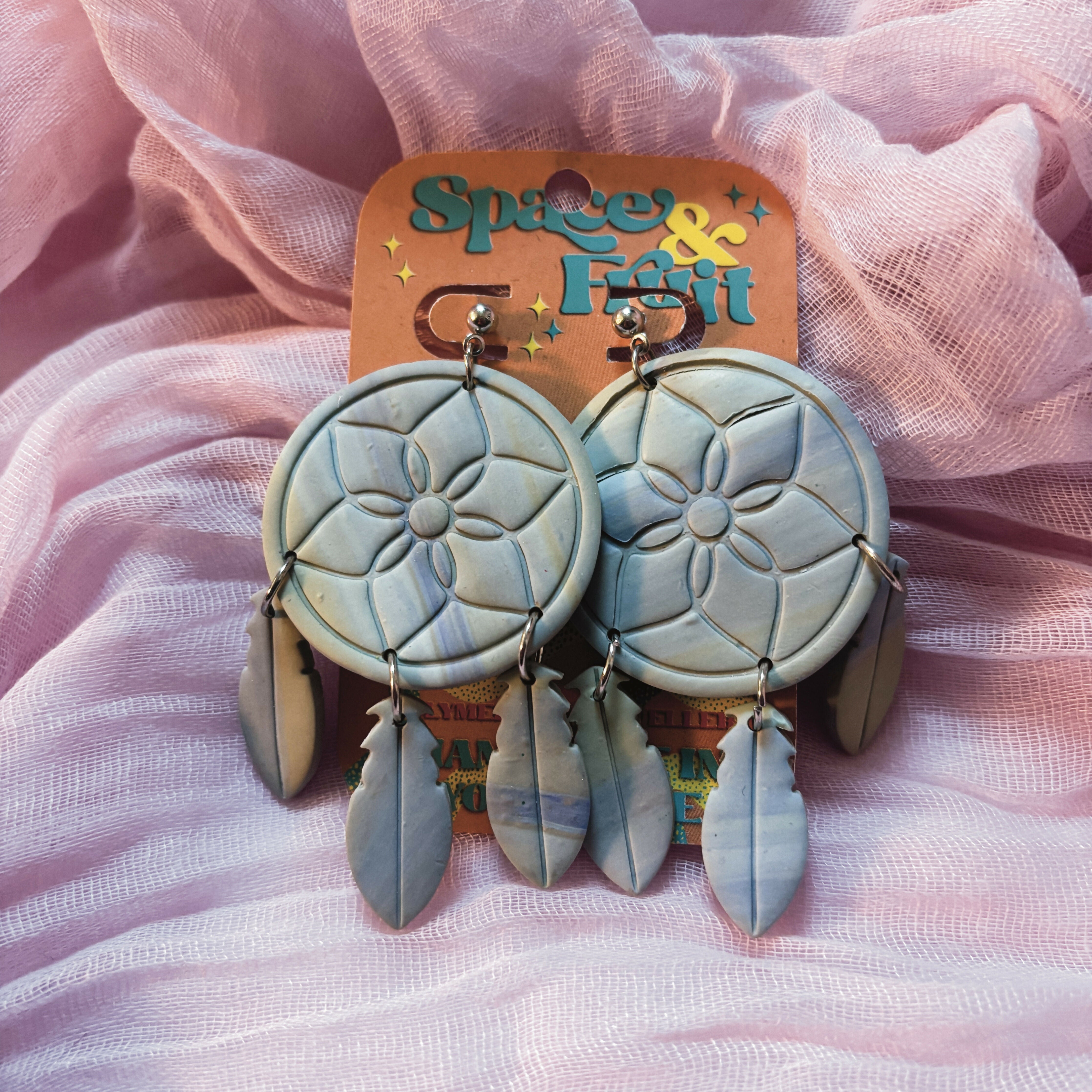 Marbled Dreamcatcher Statement Polymer Clay Earrings