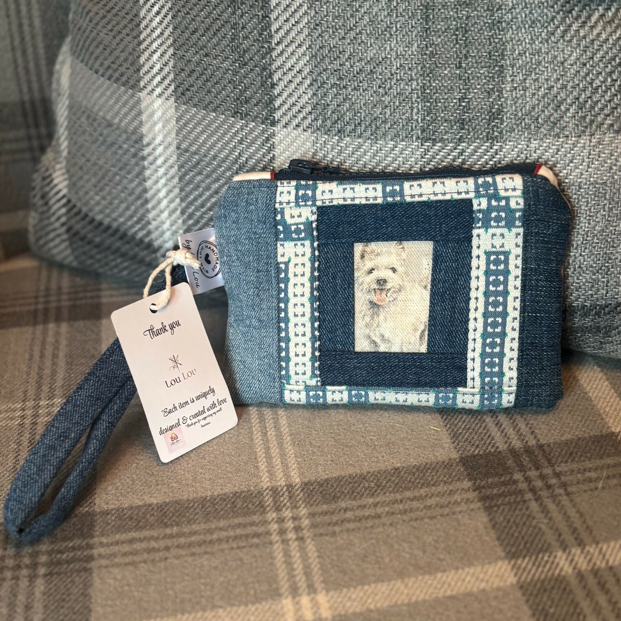 Unique Handcrafted Patchwork Purse Wristie Made From Upcycled Jeans And Dog Print Fabric