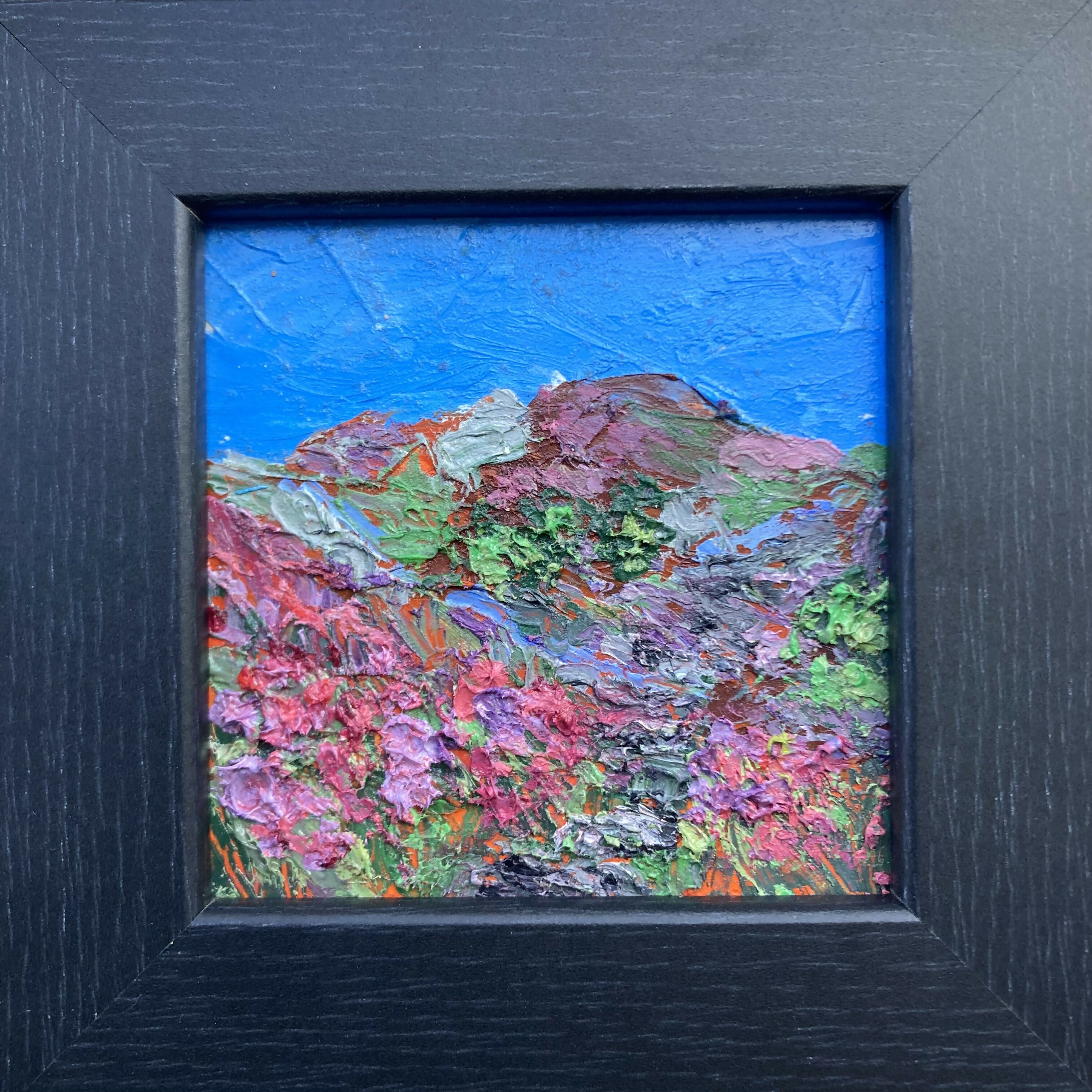 Yorkshire Dales Scene Stepping Stones through Heather- Black Framed Oil Painting On Wood