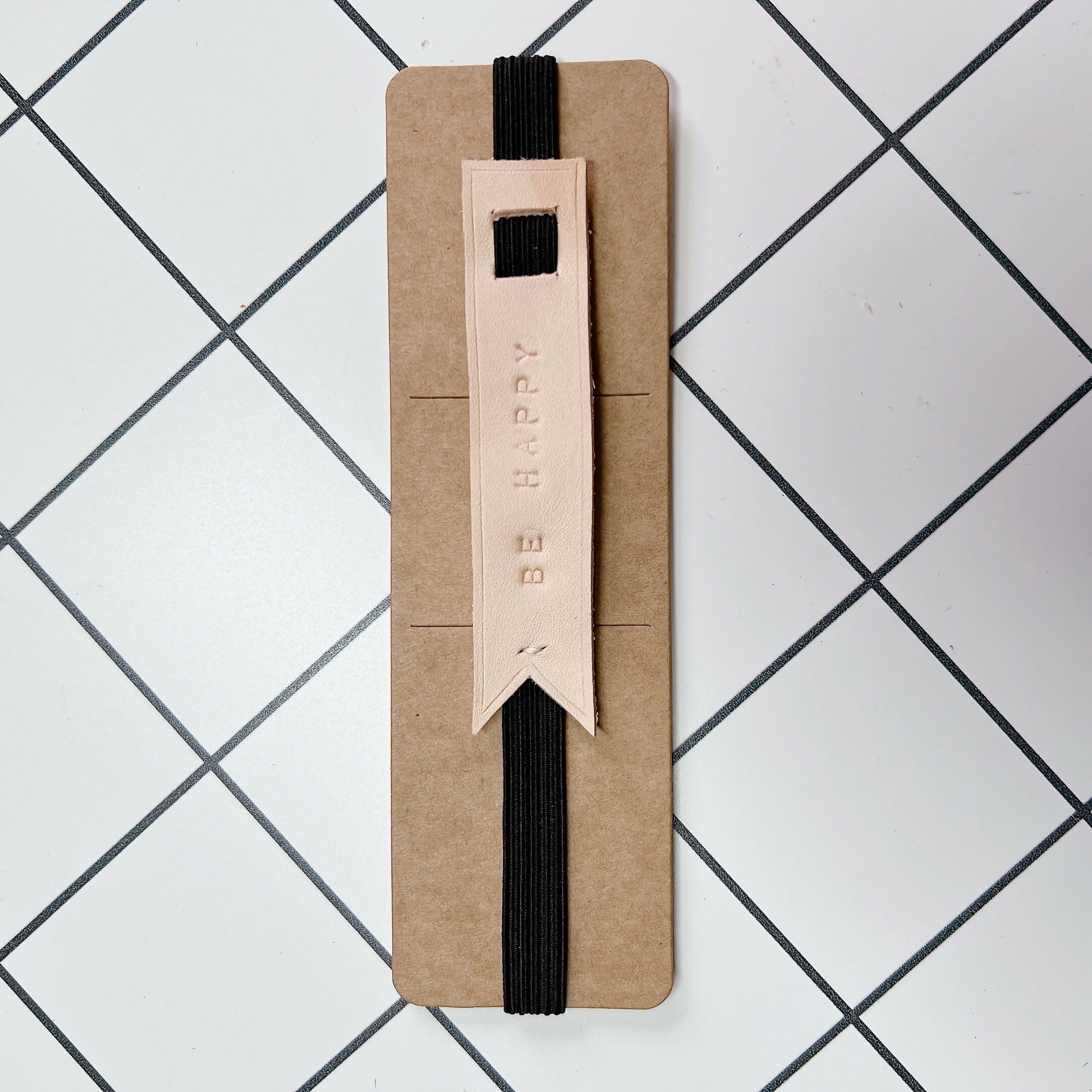 Rubber Strap Leather Elastic Bookmark - BE HAPPY