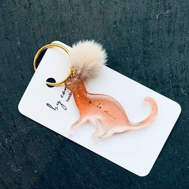 Hand-Poured Vibrant Mica Powder Resin Cat Keyring, Bag Charm with a Pom Pom