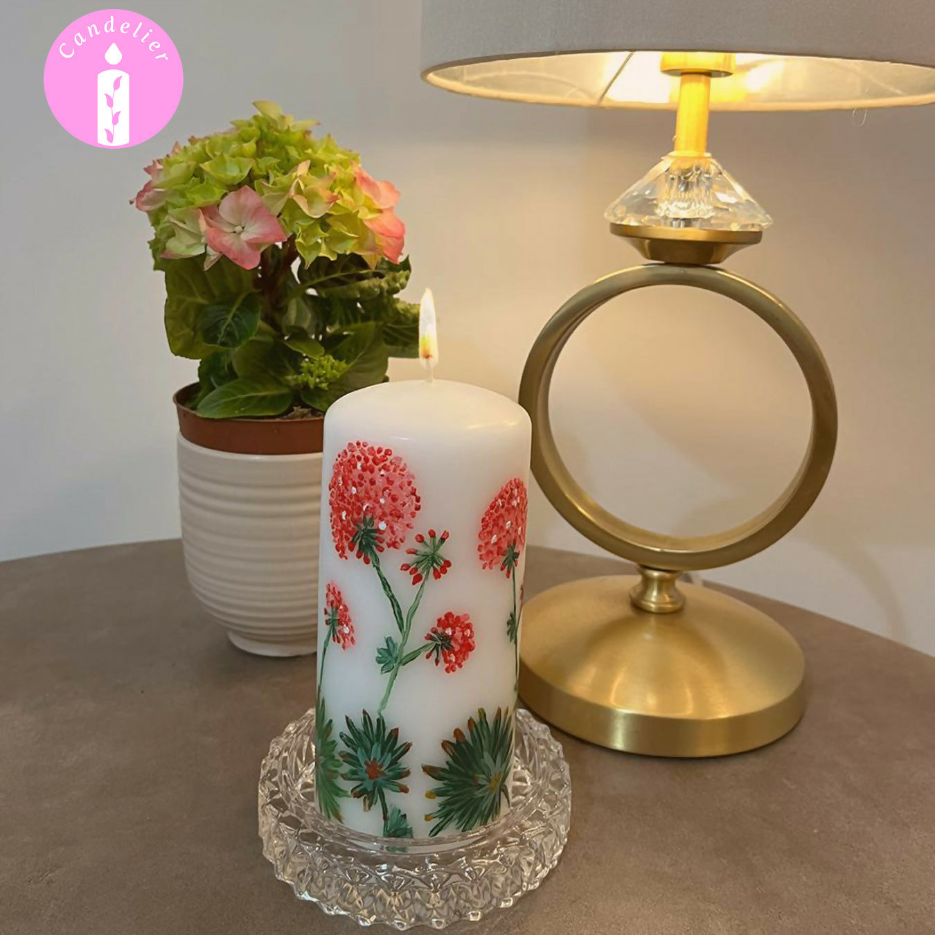 White Pillar Candle with Hydrangea Floral Design