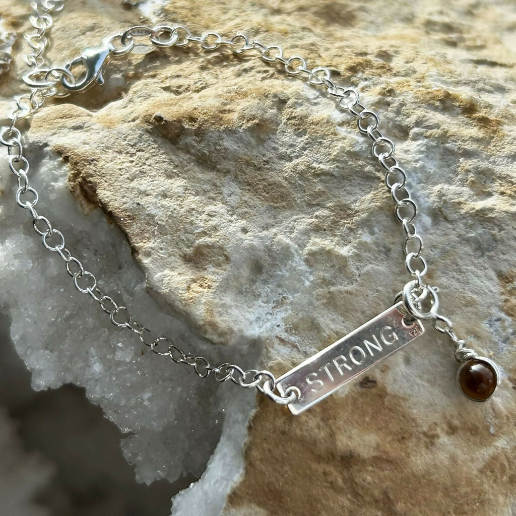 Handmade Sterling Silver 'I Am Strong' Tiger's Eye Charm Bracelet