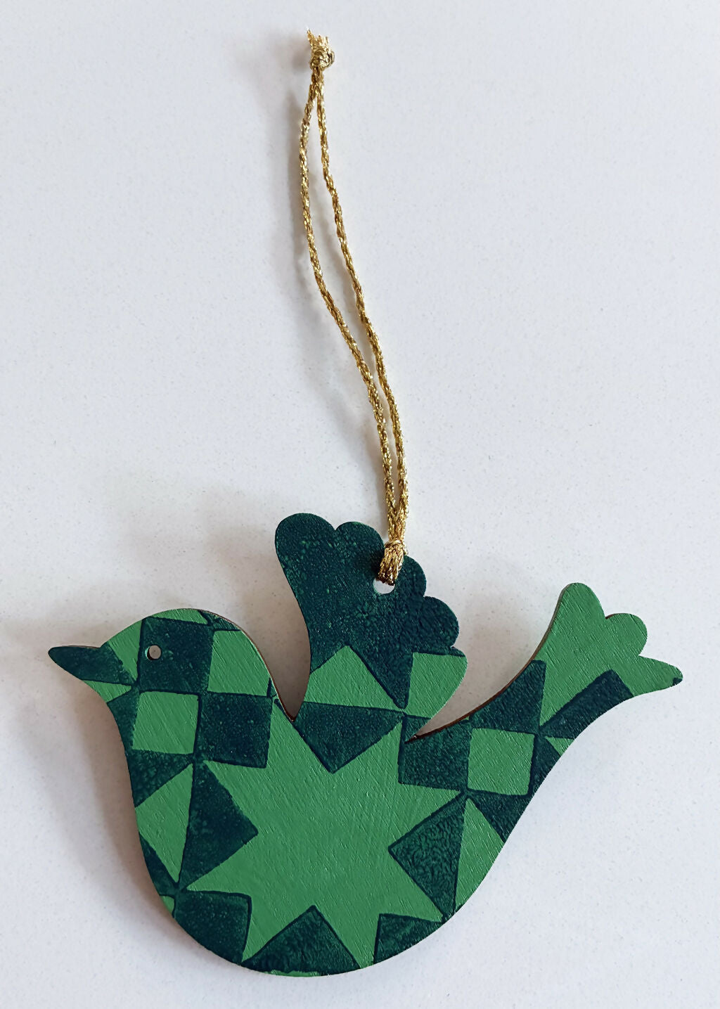 Hand-printed Green and Blue Wooden Bird Hanging Decoration.