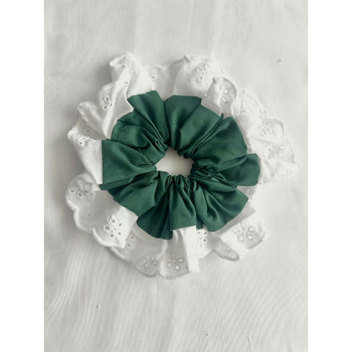 Green Oversized Ruffle Broderie Lace Hair Scrunchie