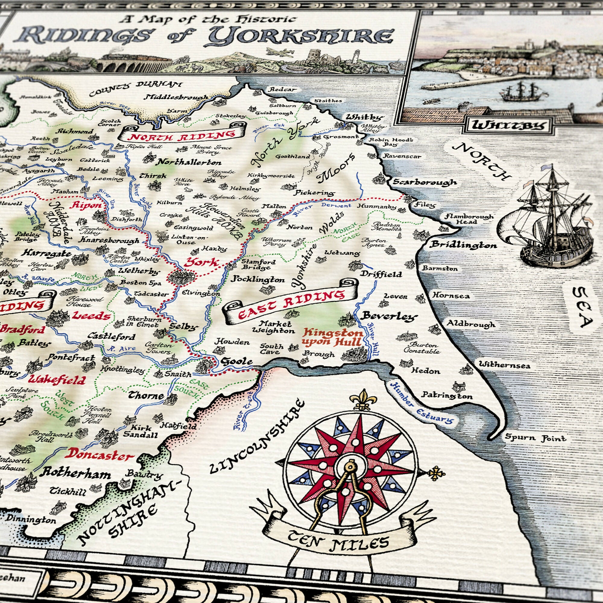 Yorkshire Ridings Map Hand Drawn Fine Art Print