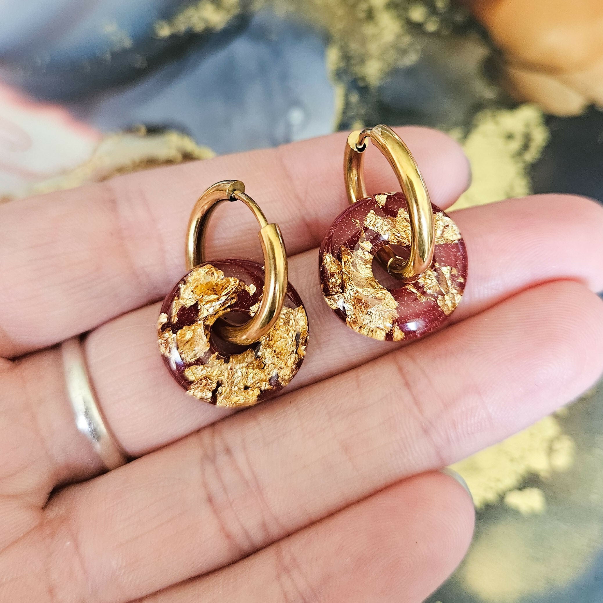 Handmade Autumn Colours Domed Circle Resin Charms On Chunky Hoops