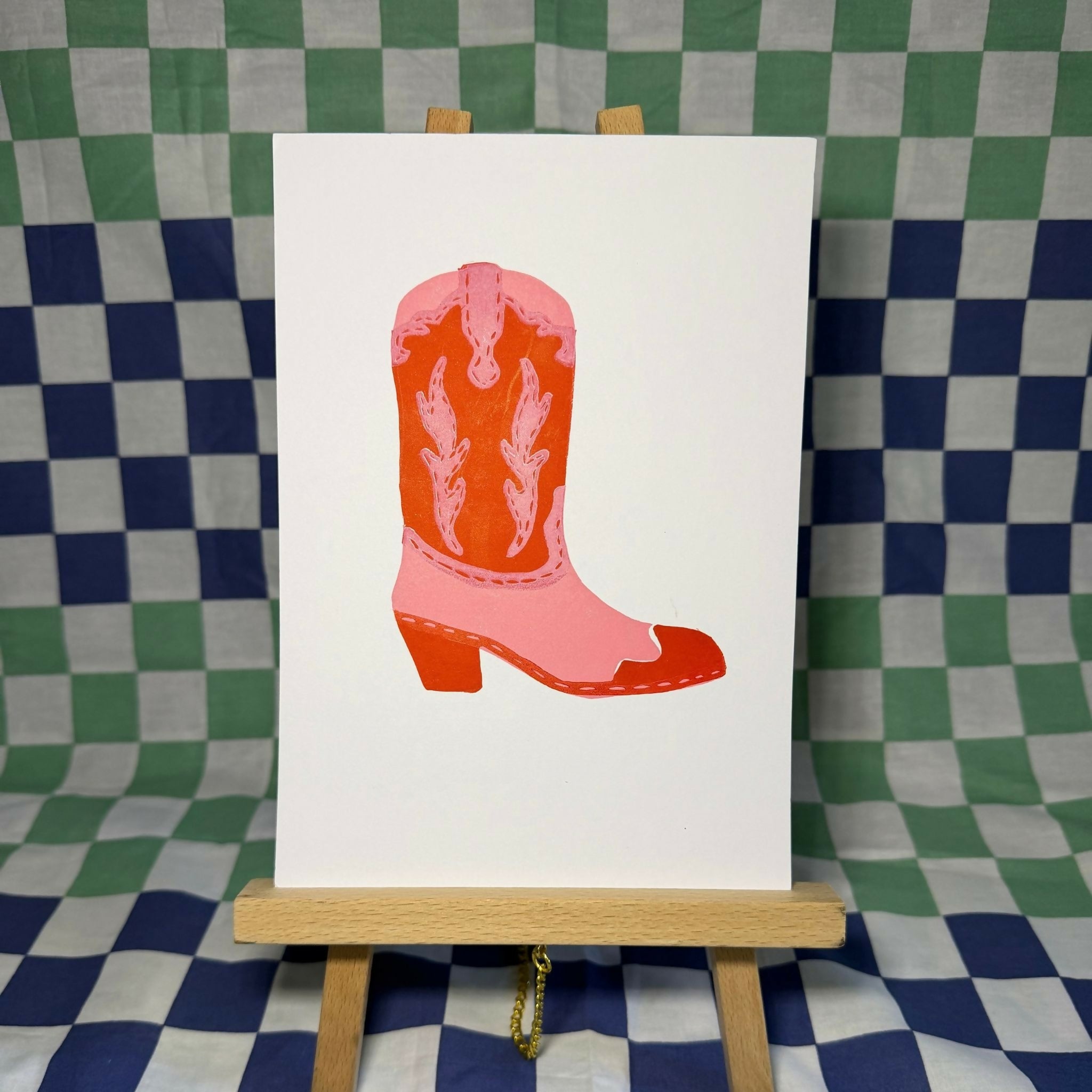 Original Lino Print 'Pink Cowgirl Boot'