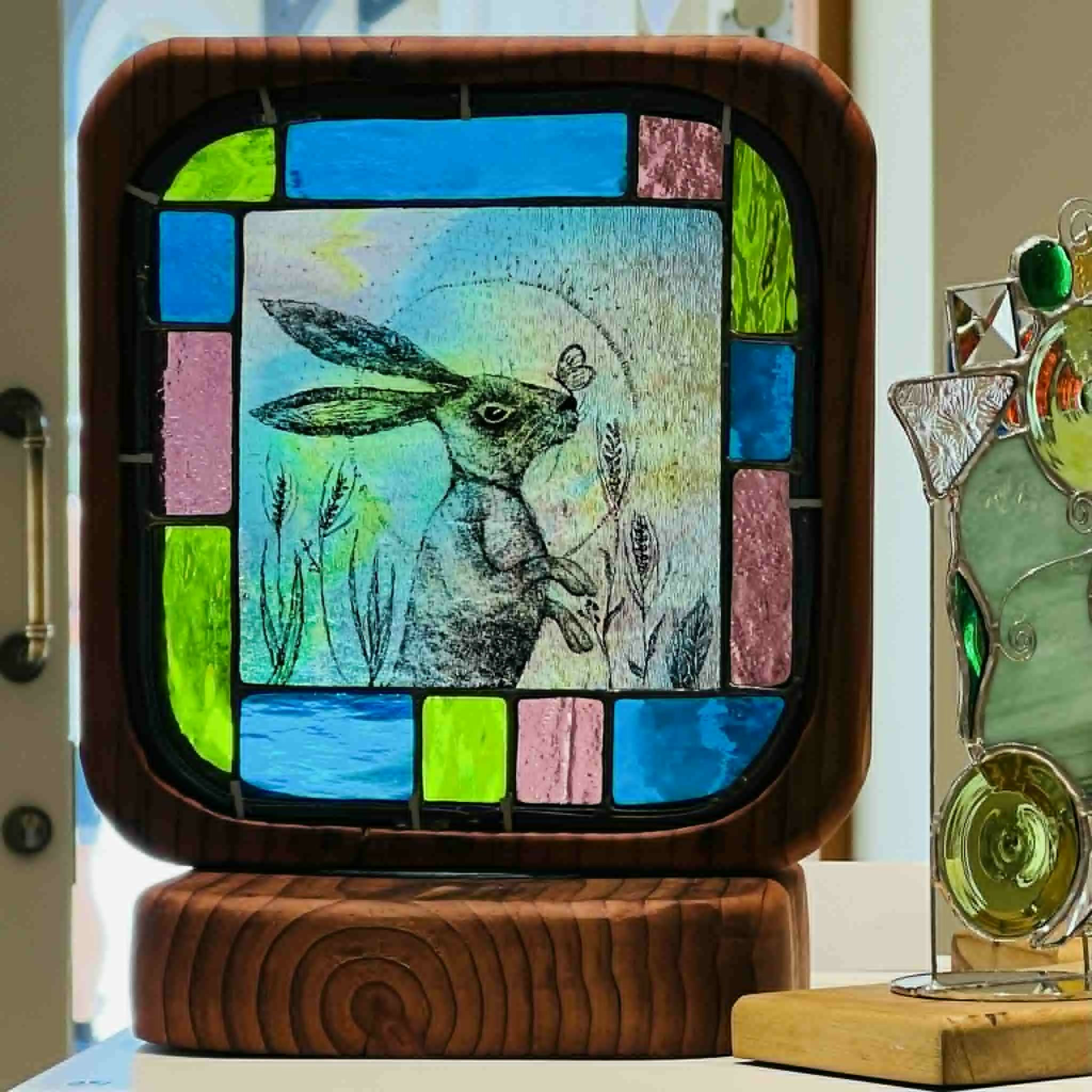 Colourful Stained Glass Hare in Wood Ornament