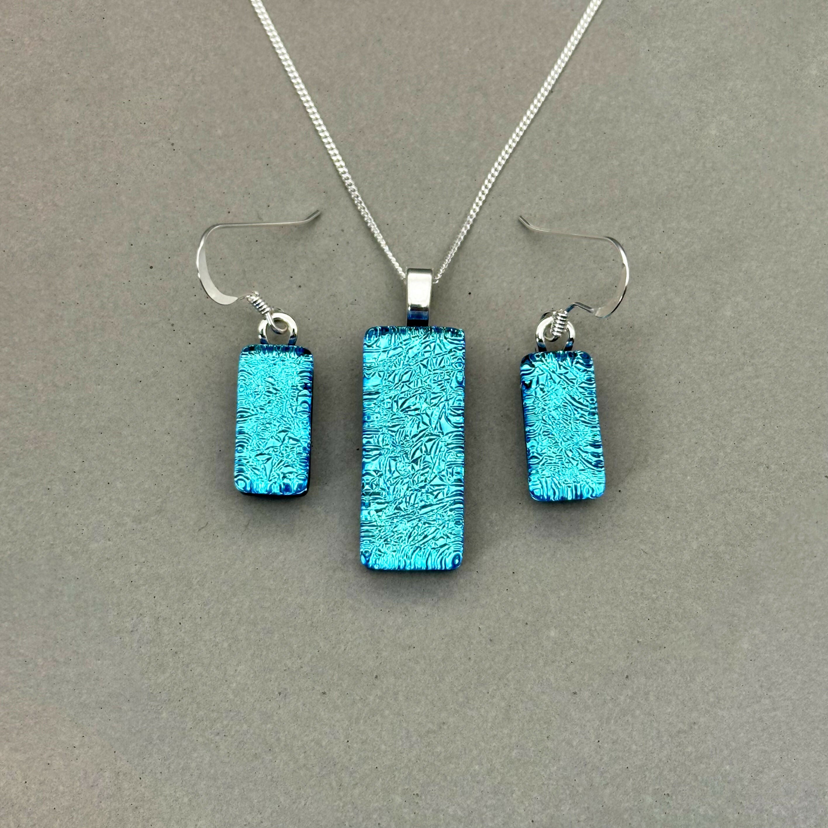 Ice Blue Dichroic Glass Necklace and Earrings Set - Sterling Silver, Handmade by Jade Tapson Glass