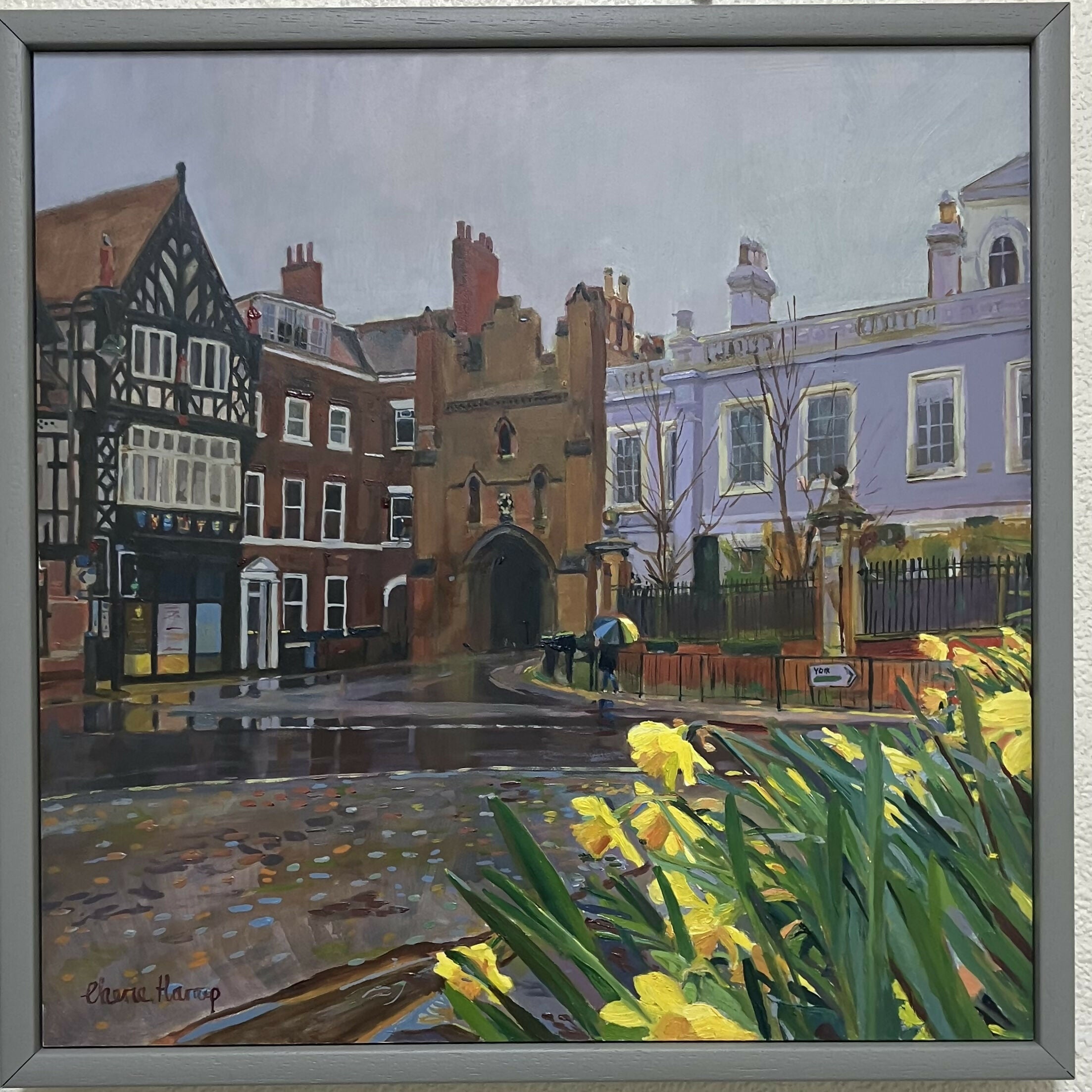 North Bar with Daffodils. 30cm x 30cm Original Oil Painting In A Frame