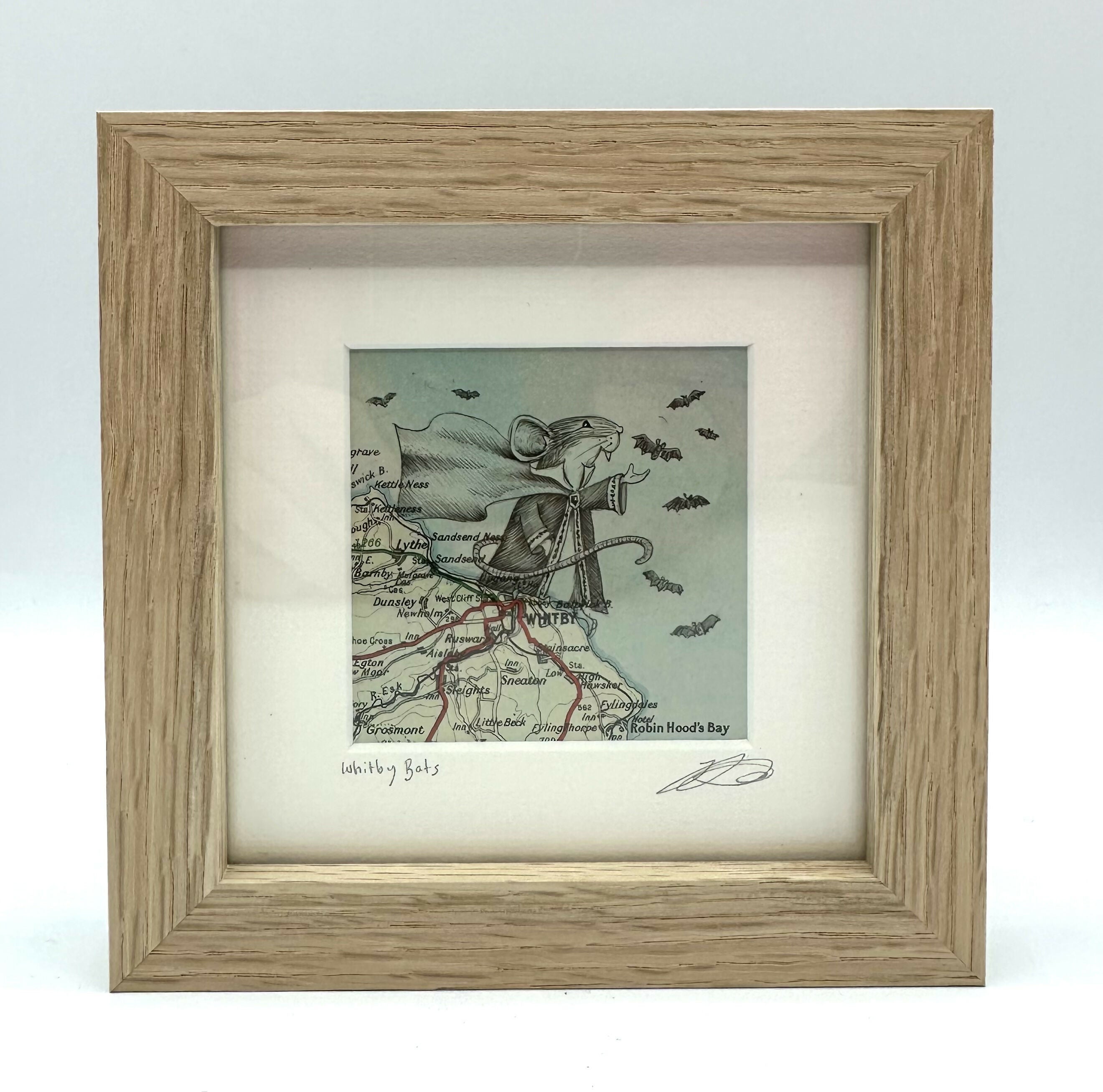 Whitby Bats - Original Pen Drawing on Vintage Map ( WHITBY) by Jenny Davies