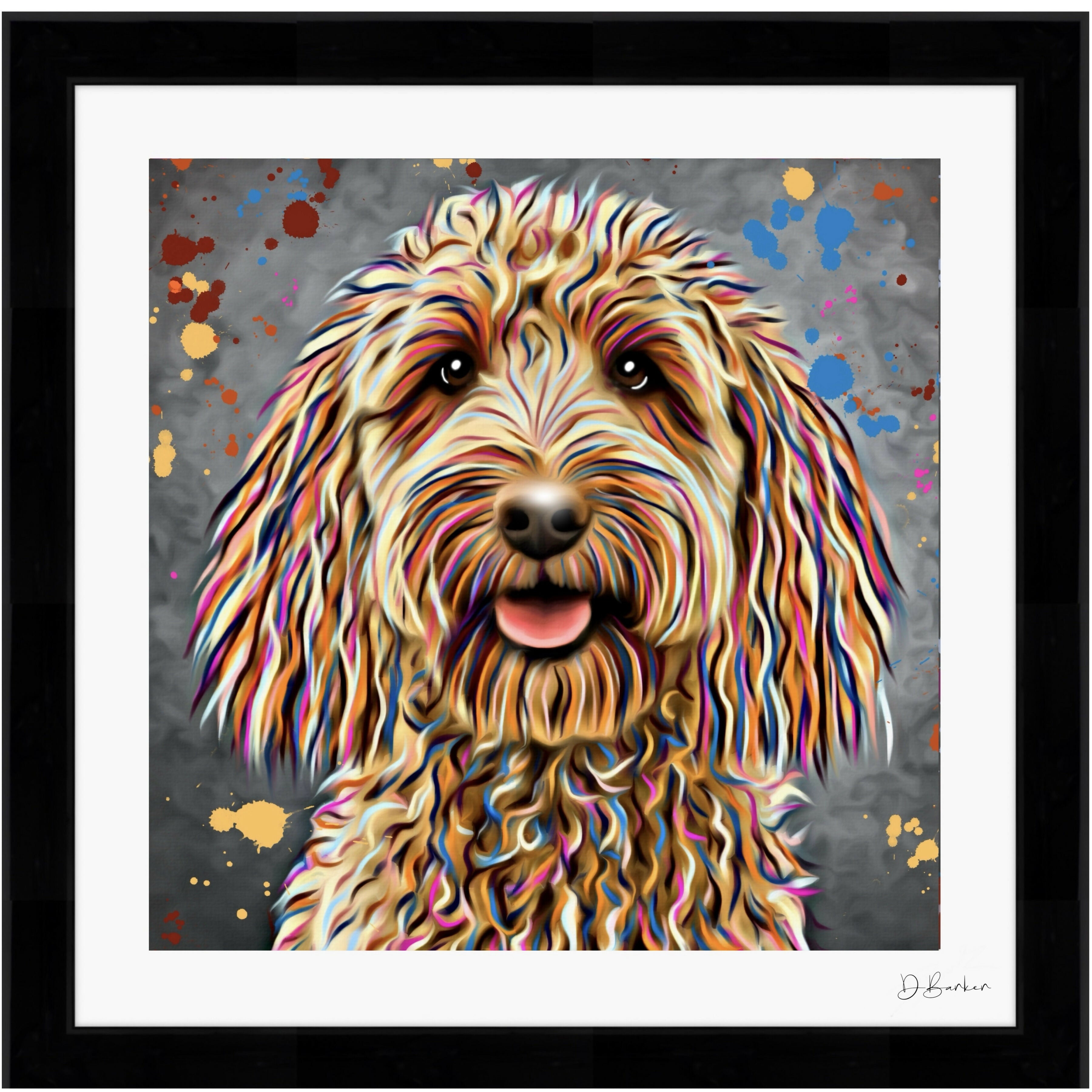 COCKAPOO LONG EARS DOG COLOUR SPLASH FRAMED ARTWORK.