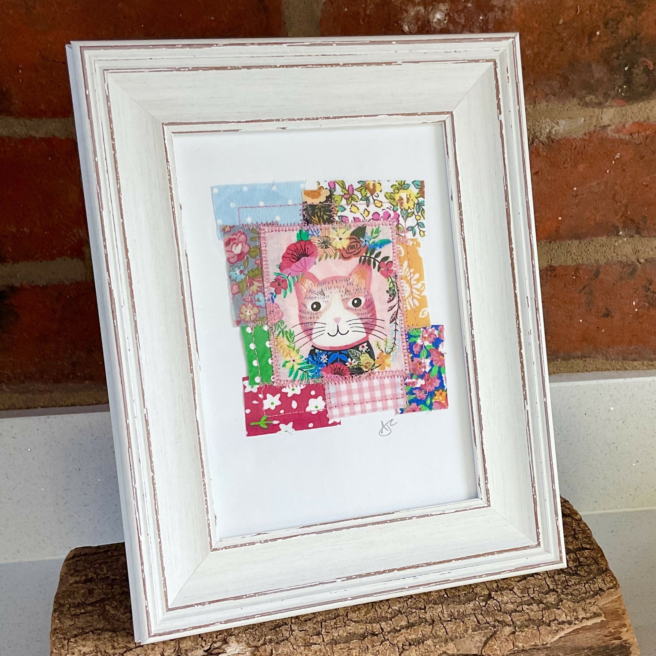 Fabric Cat Collage Framed Picture, Handmade Picture Pink Floral Kitten in White Frame, Unique Gift Cat Lover