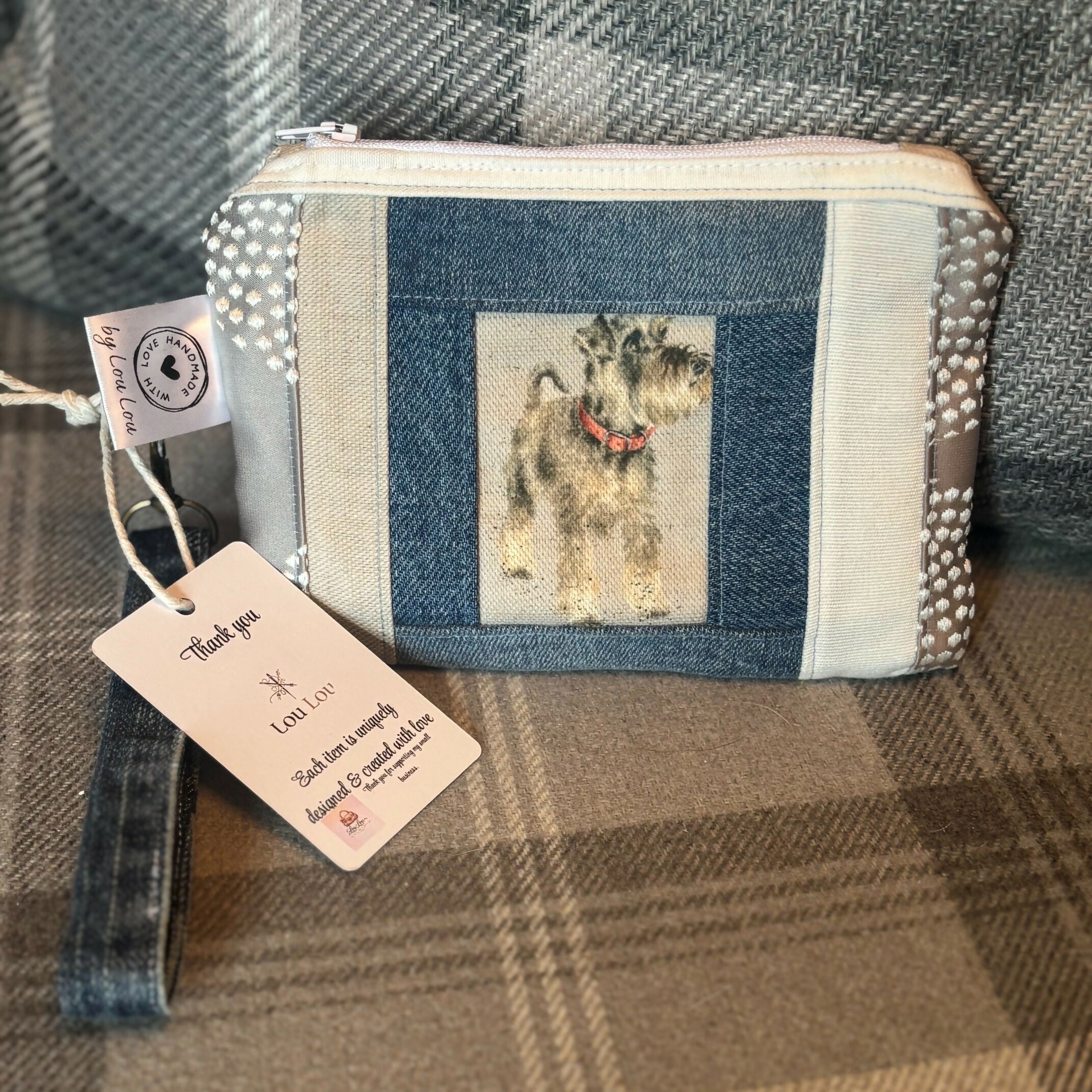 Unique Handcrafted Patchwork Purse Wristie Made From Upcycled Jeans And Dog Print Fabric