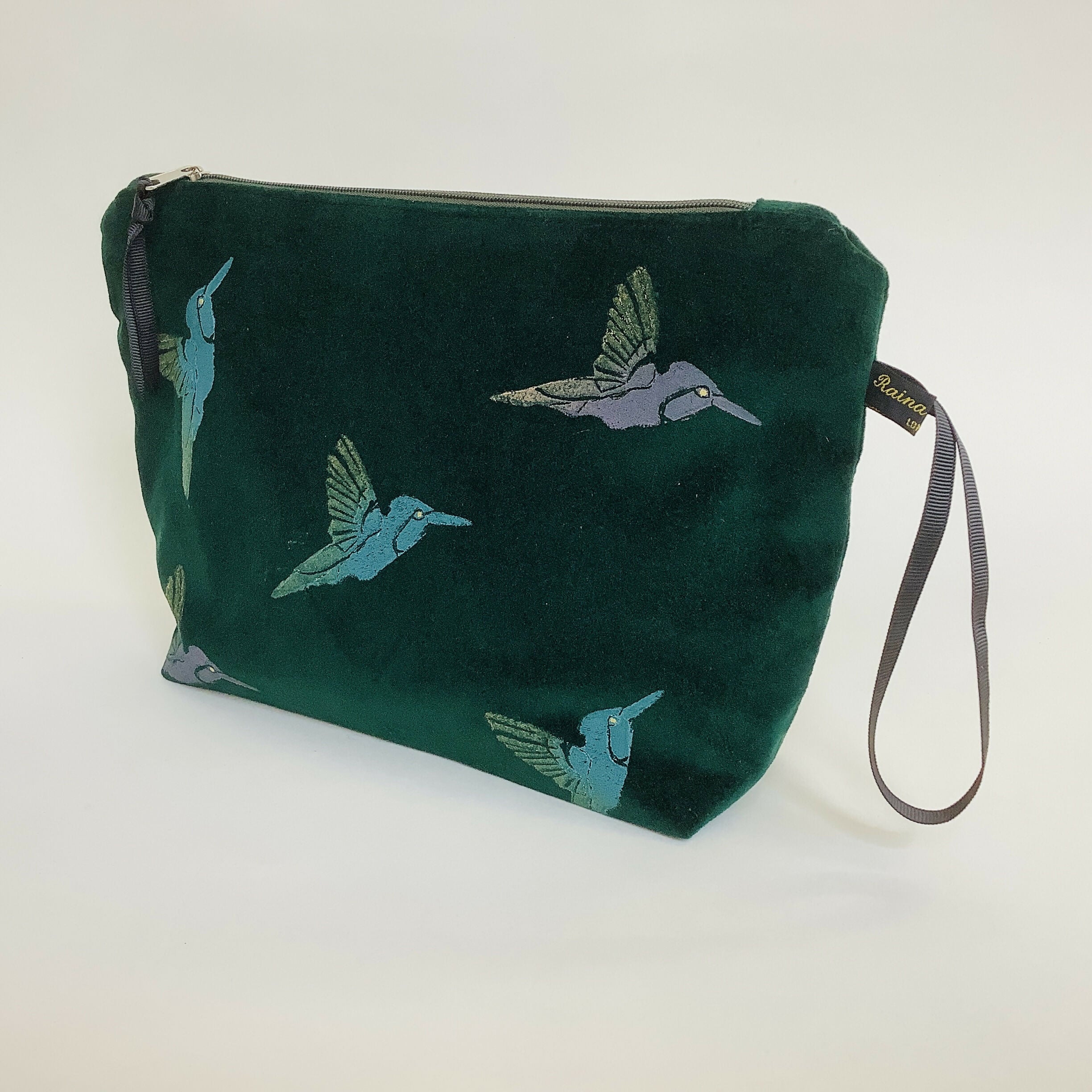 Green Velvet Hummingbird Makeup Bag