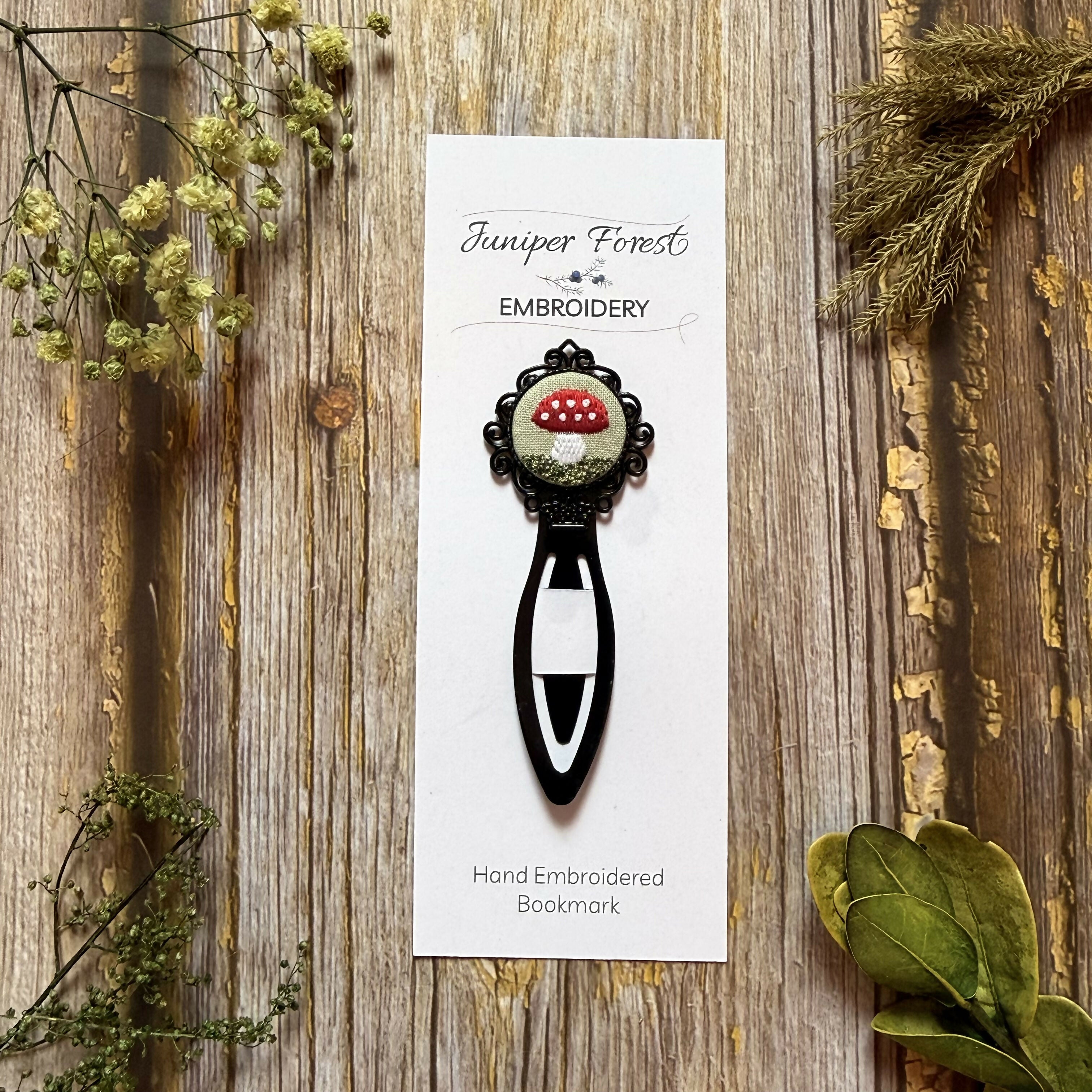 Black Hand Embroidered Mushroom Bookmark