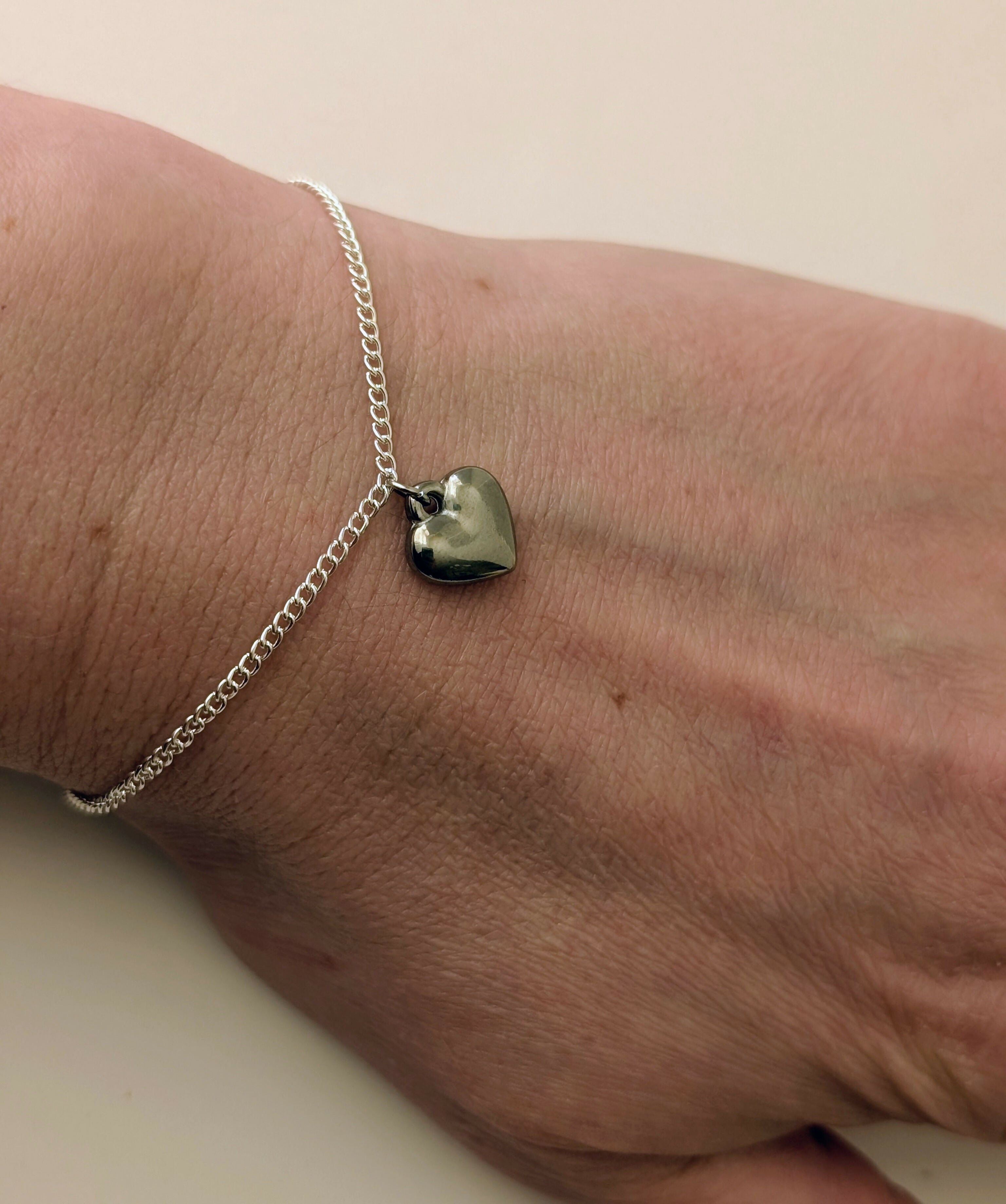 Chunky Silver 3D Heart Charm Bracelet on a Flat Silver Plated Chain