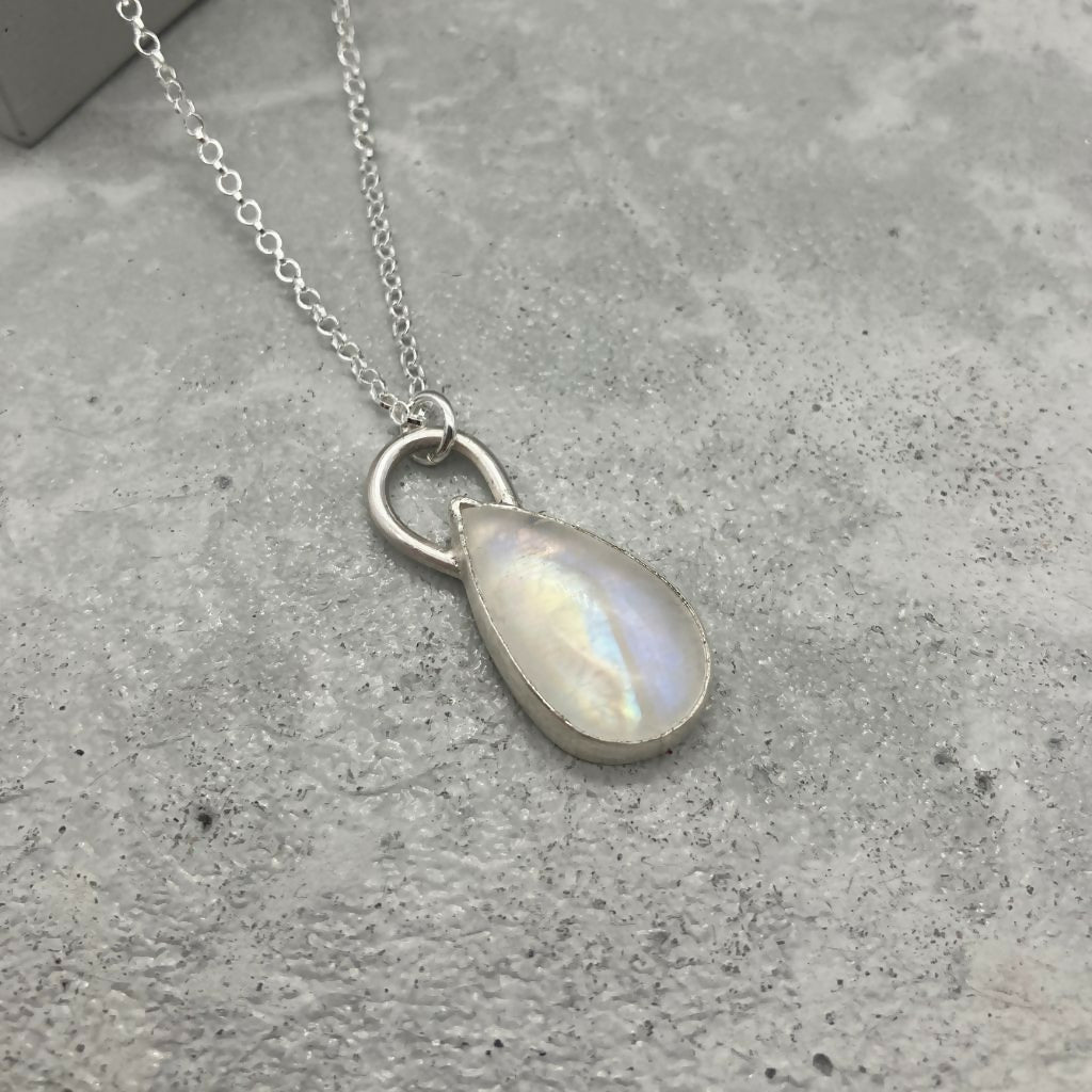 Rainbow Moonstone Teardrop Shaped Silver Pendant