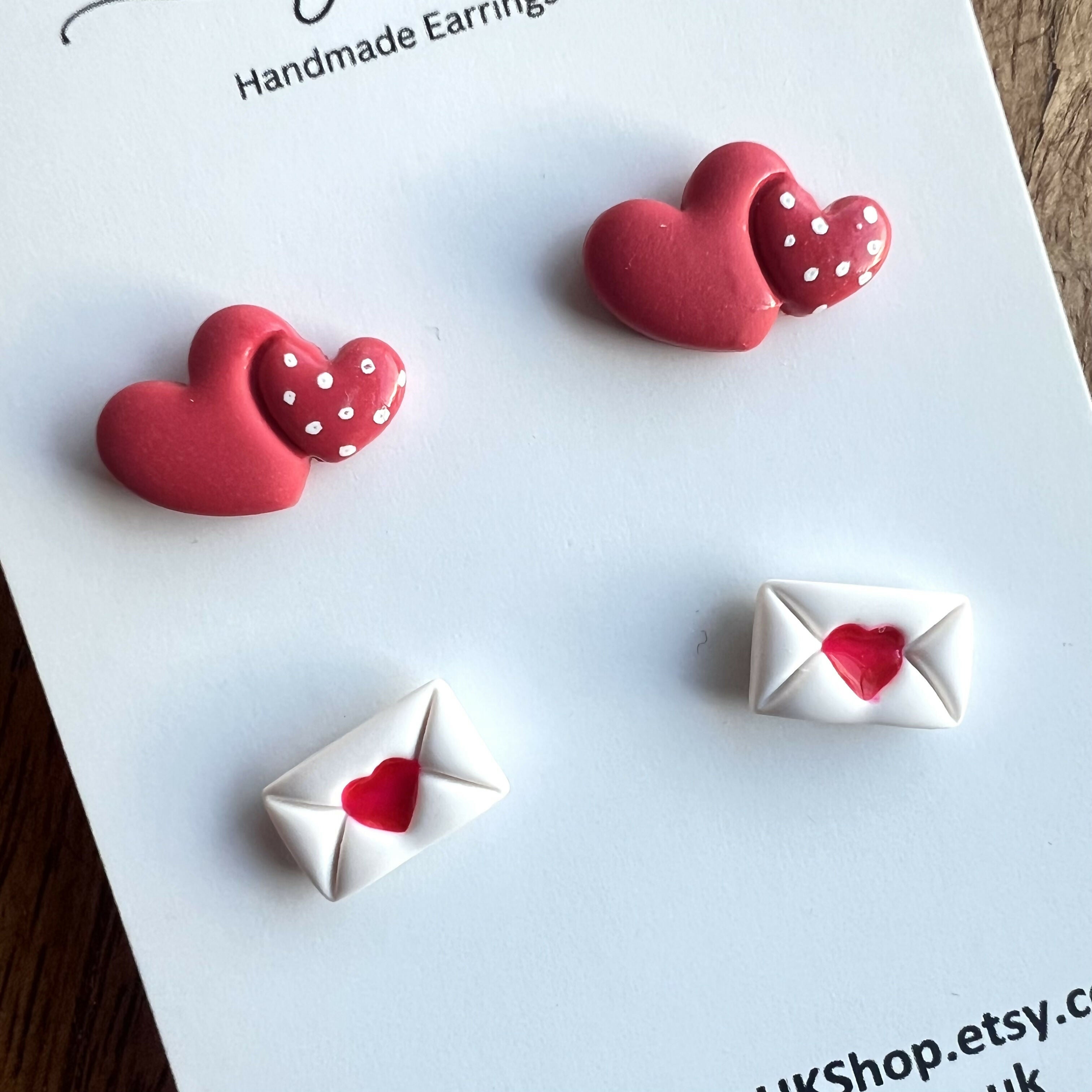 Valentines Day Stud Earrings / Set of 2 pairs of Studs / Handmade Polymer Clay Jewellery