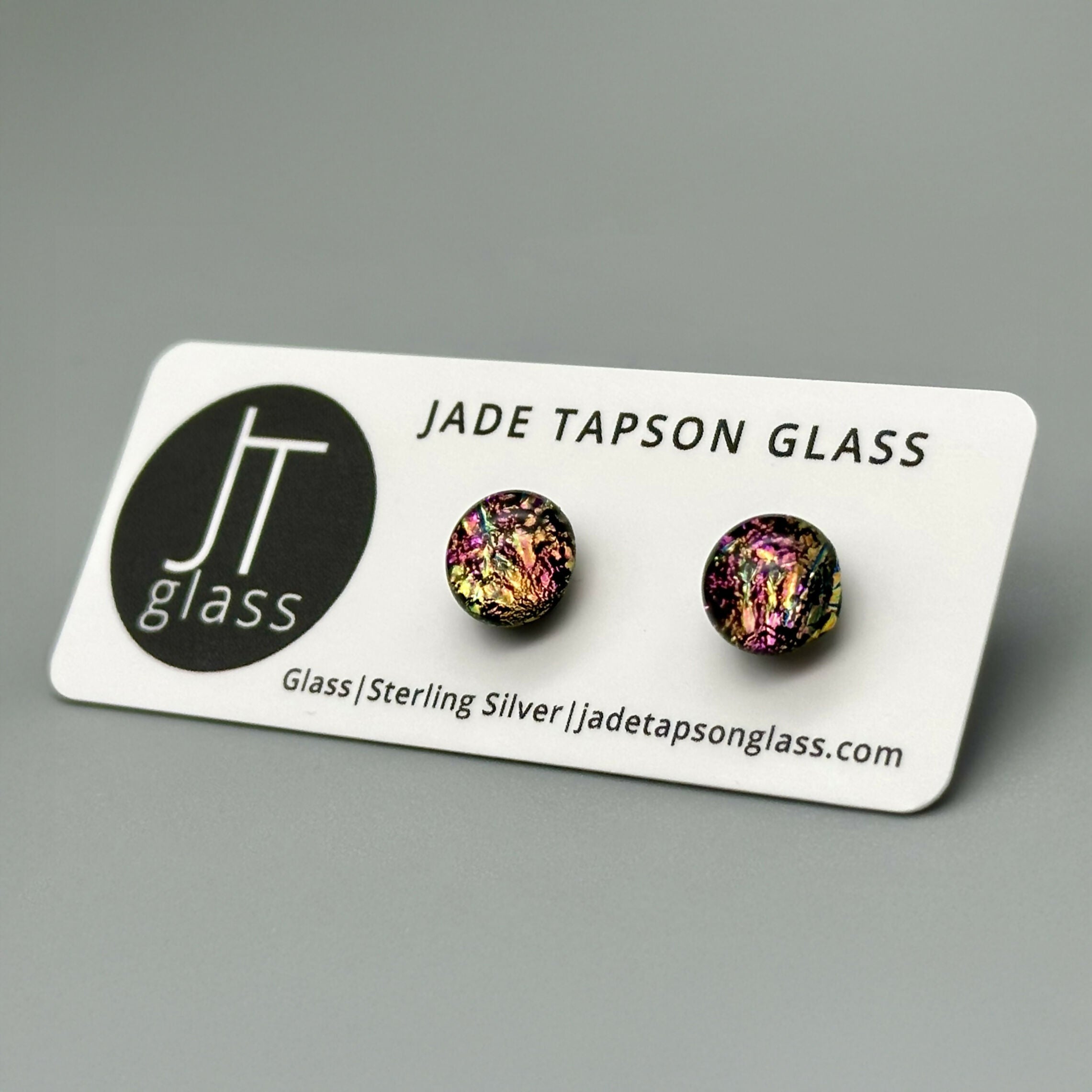 Pink Flower Dichroic Fused Glass Sterling Silver Stud Earrings - Handmade by Jade Tapson Glass.