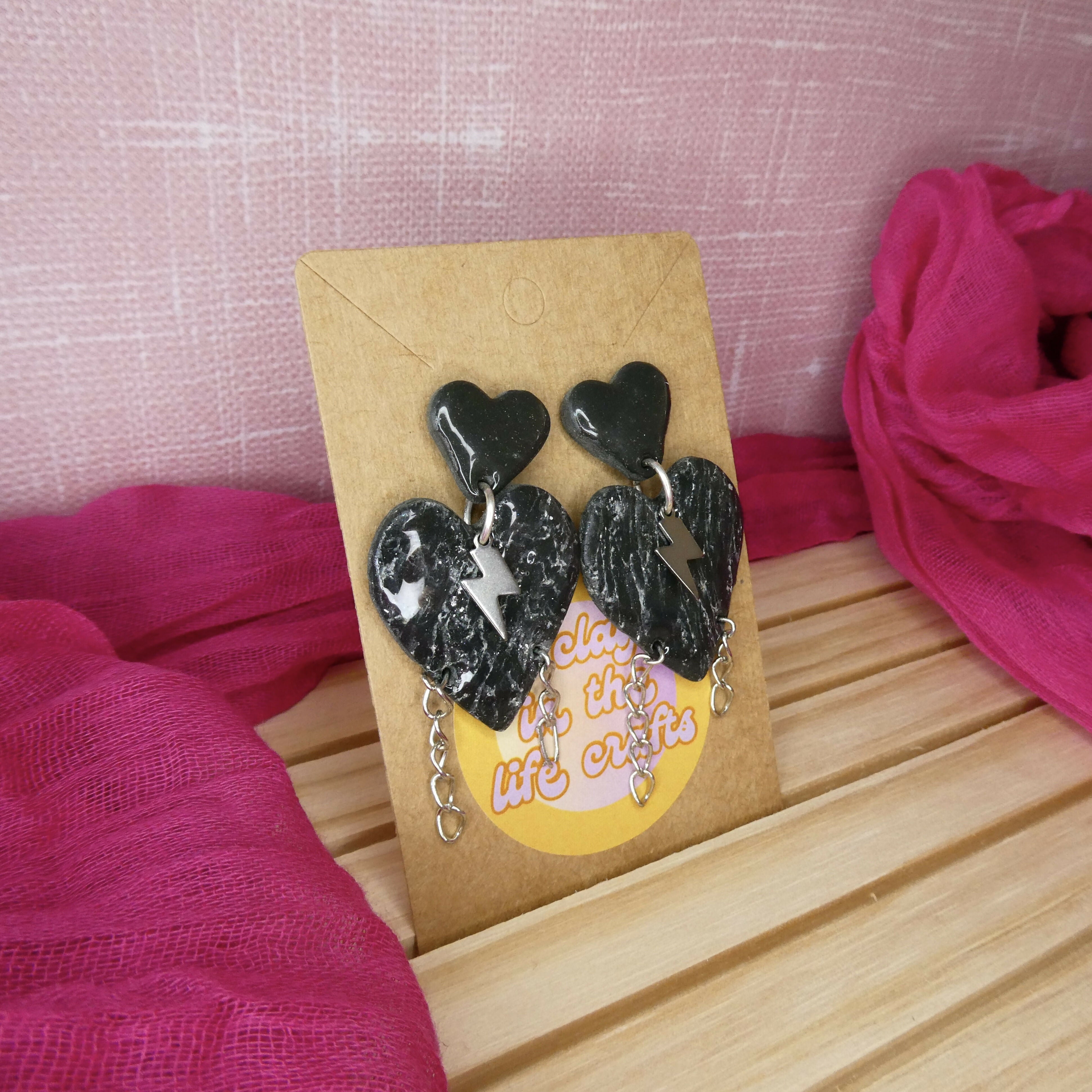 Black Marble Heart Polymer Clay Earrings With Lightning Charm And Chain