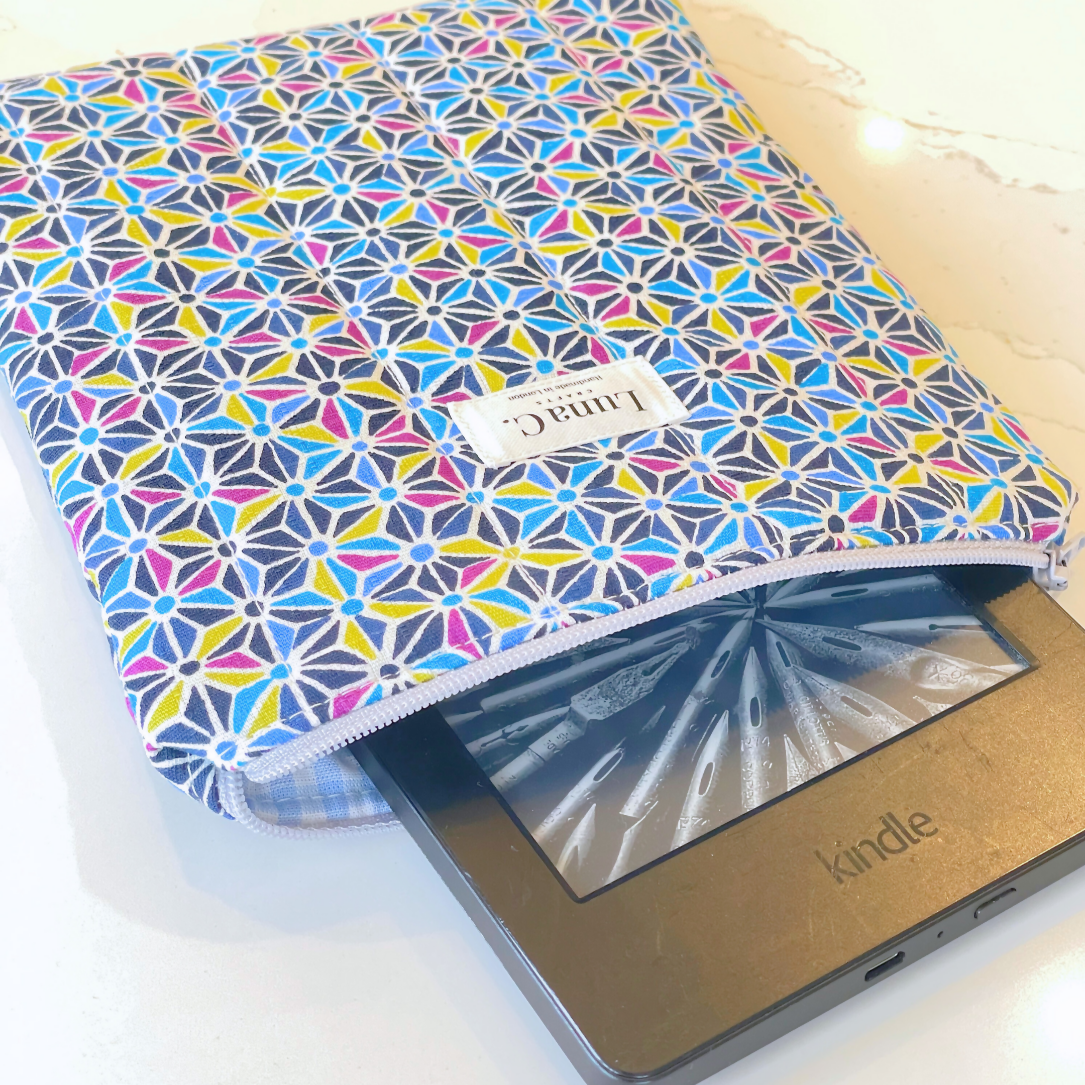 Blue Asanoha Light Blue Gingham Lining Zipped Book or Kindle Sleeve