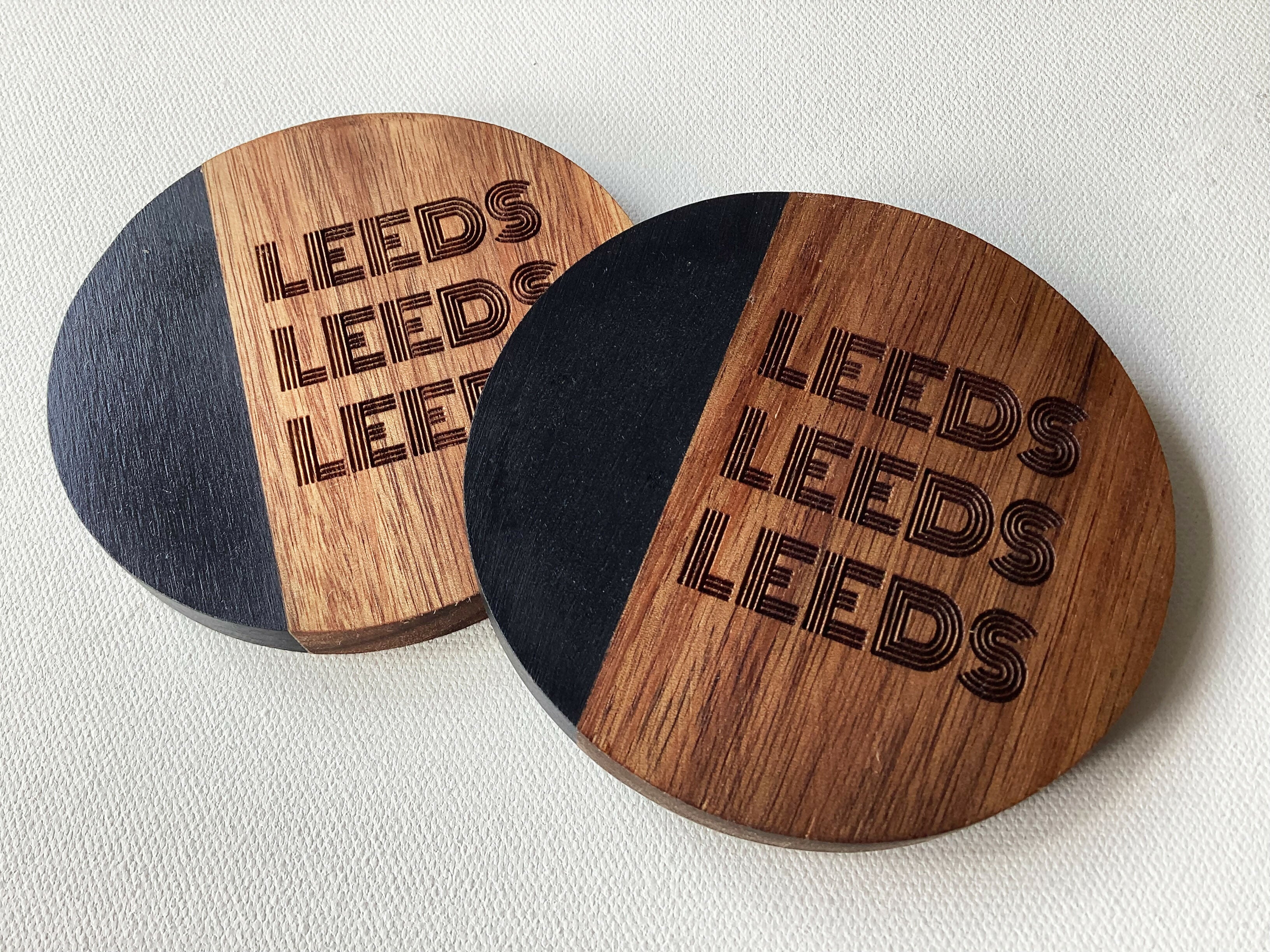 Leeds Football Inspired Engraved Black Marble and Acacia Wood Coaster