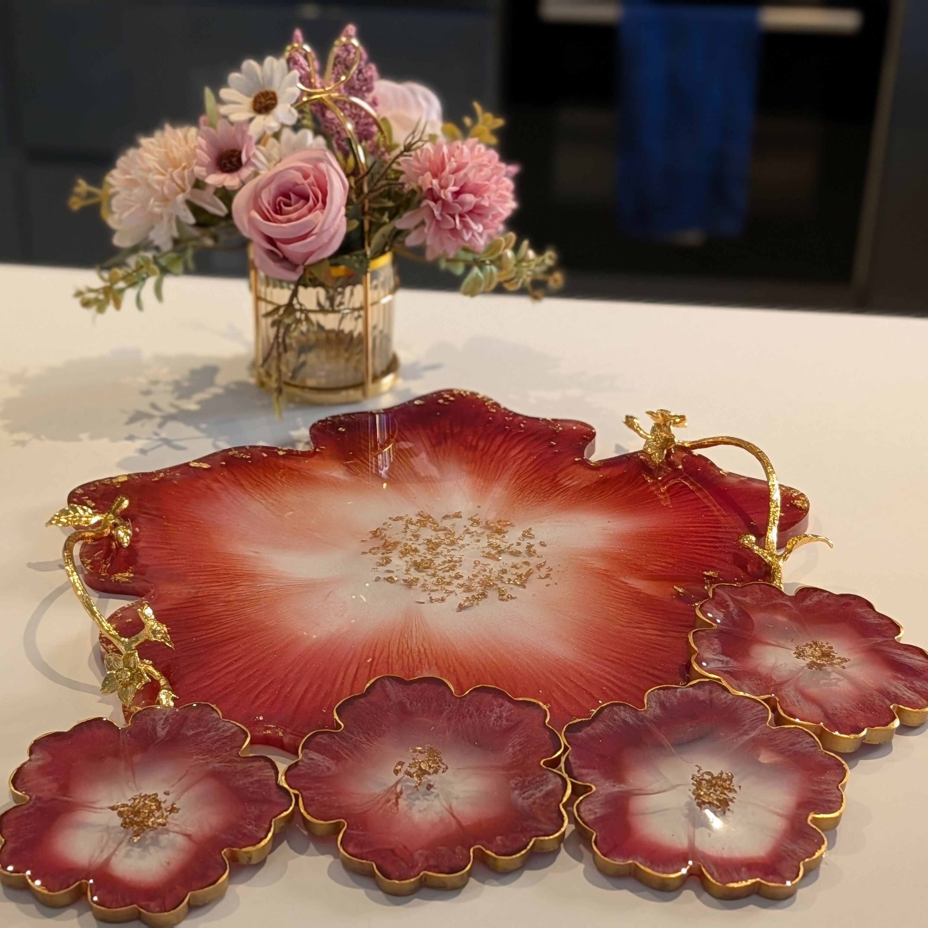 ELEGANT RED FLORAL RESIN TRAY SET WITH COASTERS