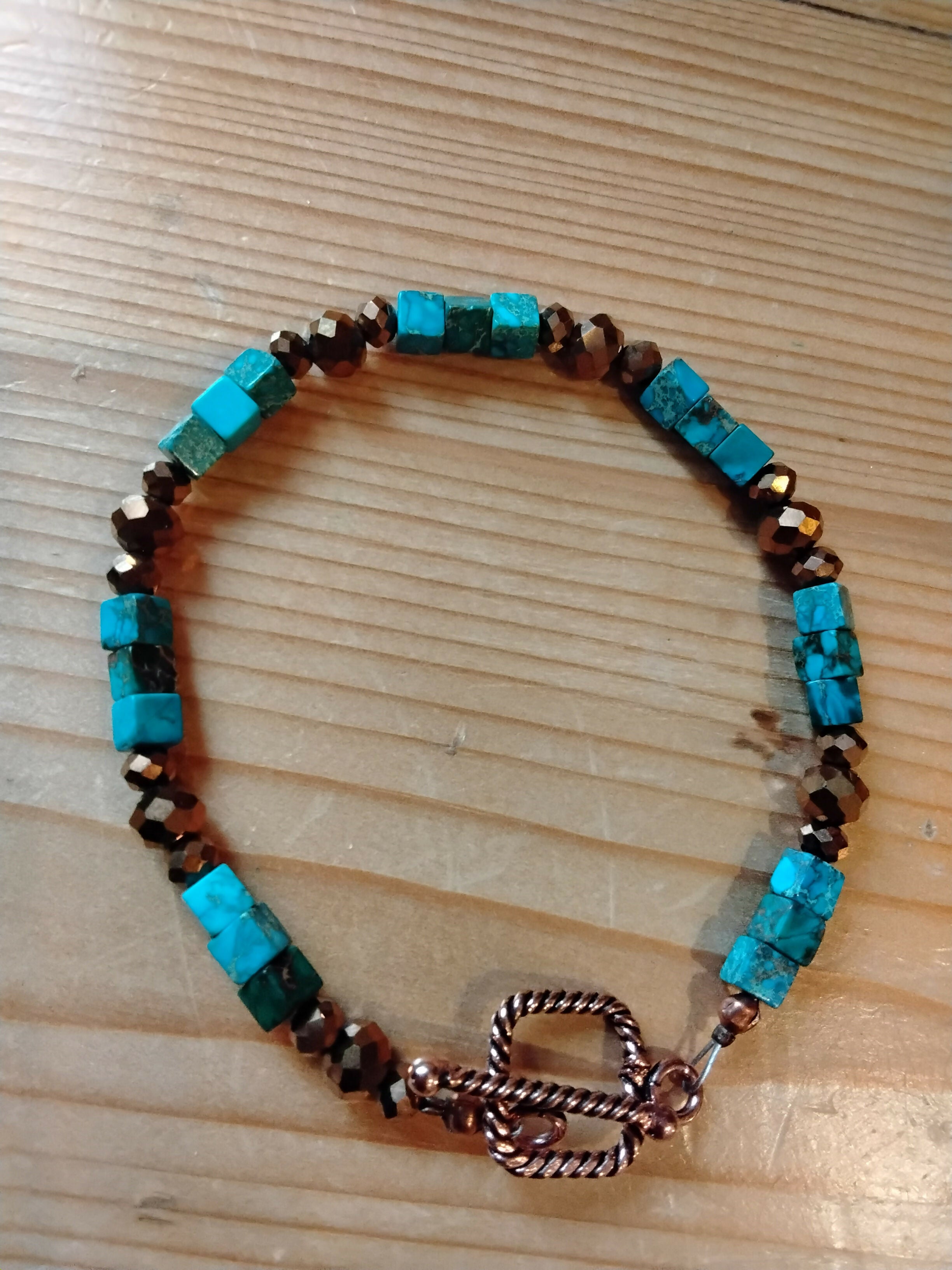 Pure Copper Toggle Catch Bracelet with Cubed Turquoise and Faceted Bronze Hematite.